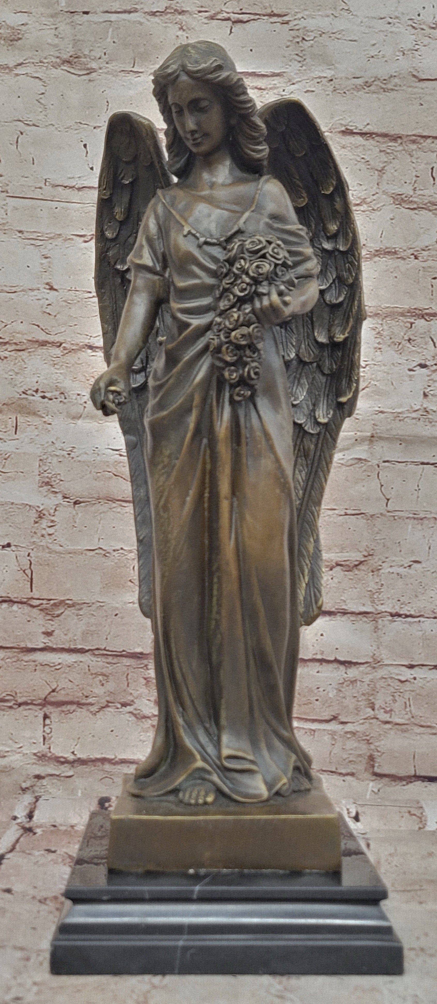 Young Angel Bronze Statue with Flower Bouquet  Indoor/Outdoor Sculpture Statue