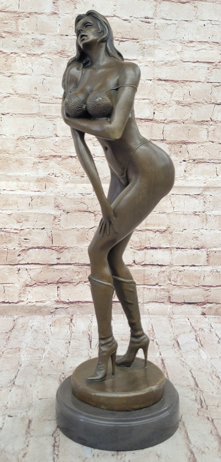 Provocative Vitaleh Bronze Figurine: Sexy Woman with Bikini and Boots, Signed Hot Cast Sculpture