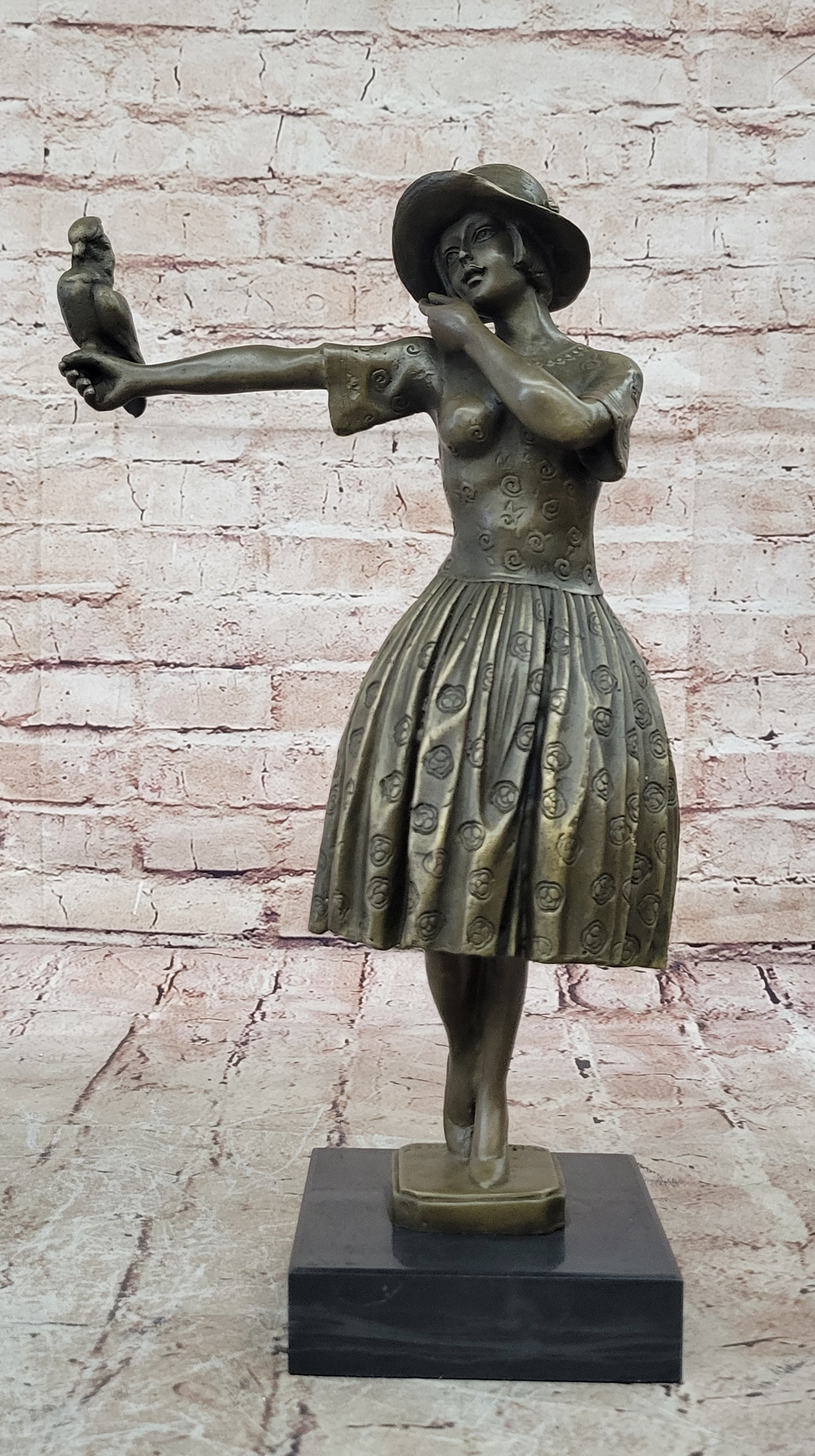 Nice Bronze Sculpture Lady with Bird Signed Original Gift Deco Hot Cast Figurine