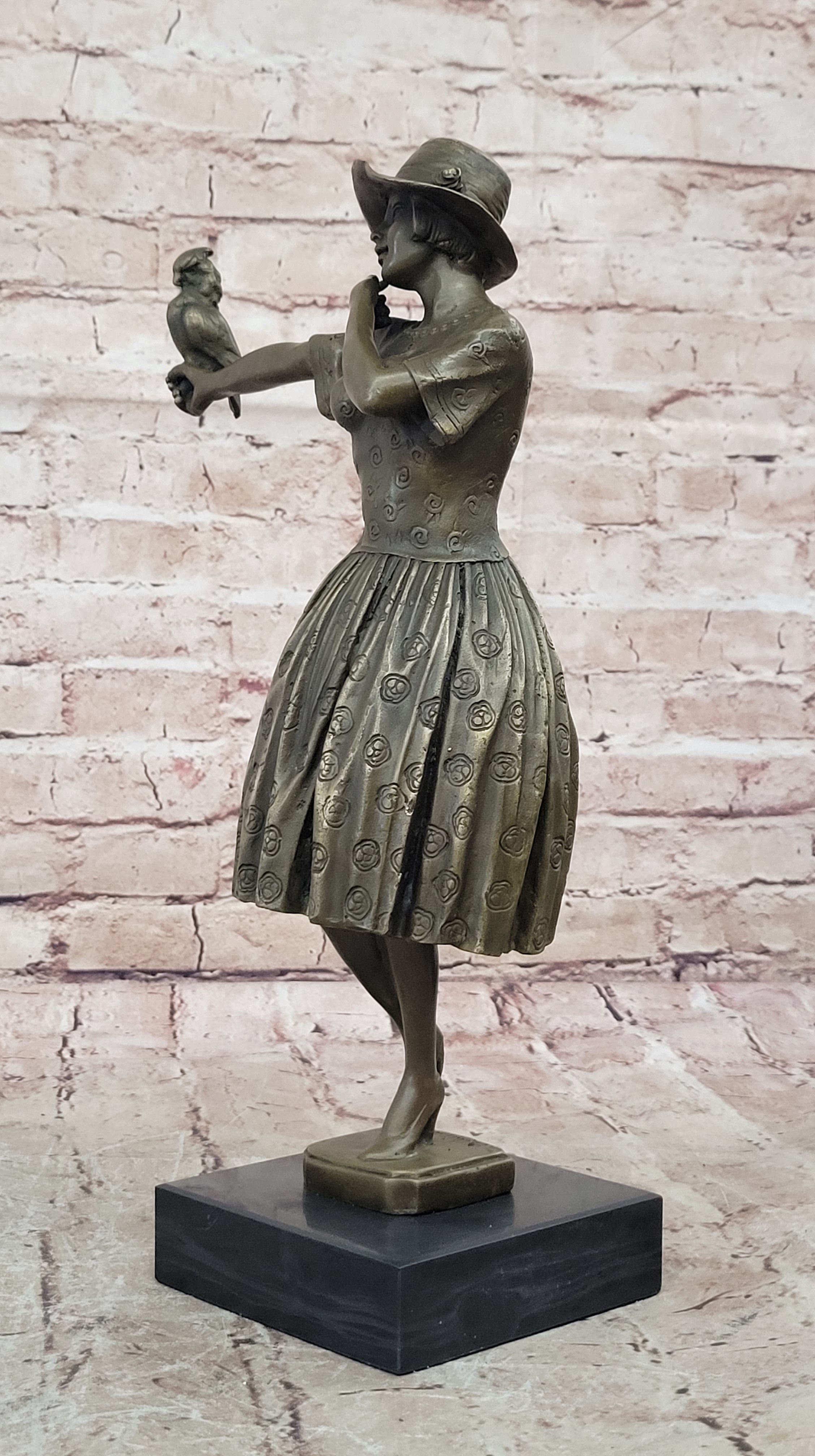 Nice Bronze Sculpture Lady with Bird Signed Original Gift Deco Hot Cast Figurine