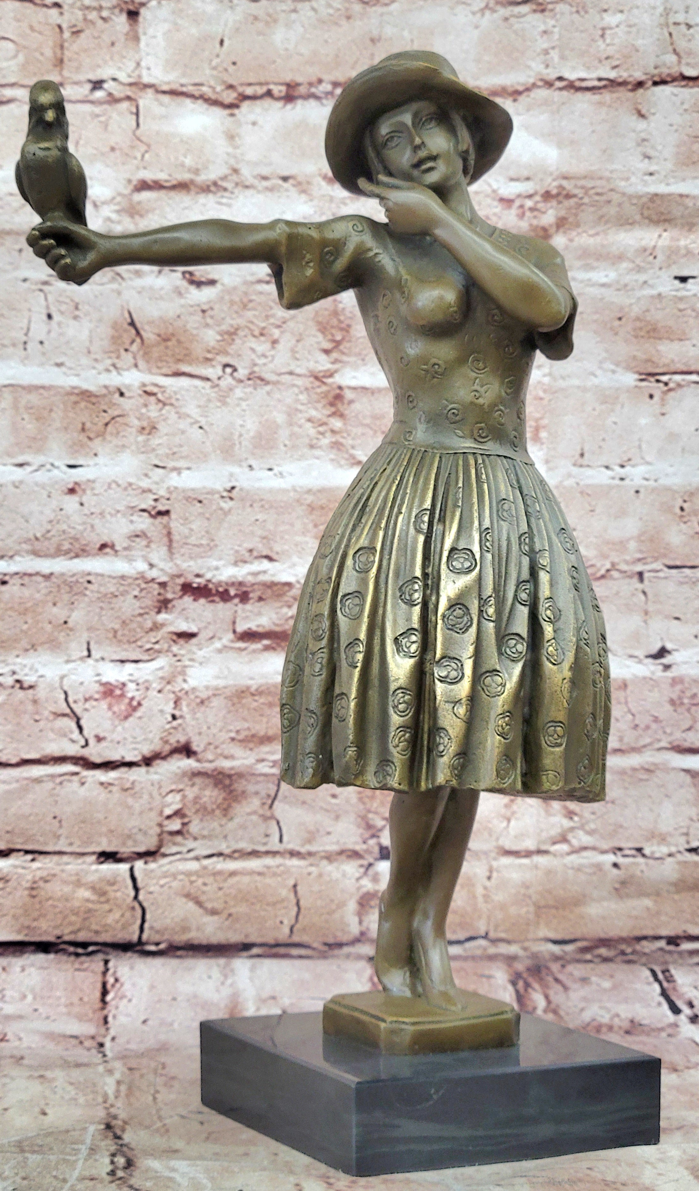 Nice Bronze Sculpture Lady with Bird Signed Original Gift Deco Hot Cast Figurine