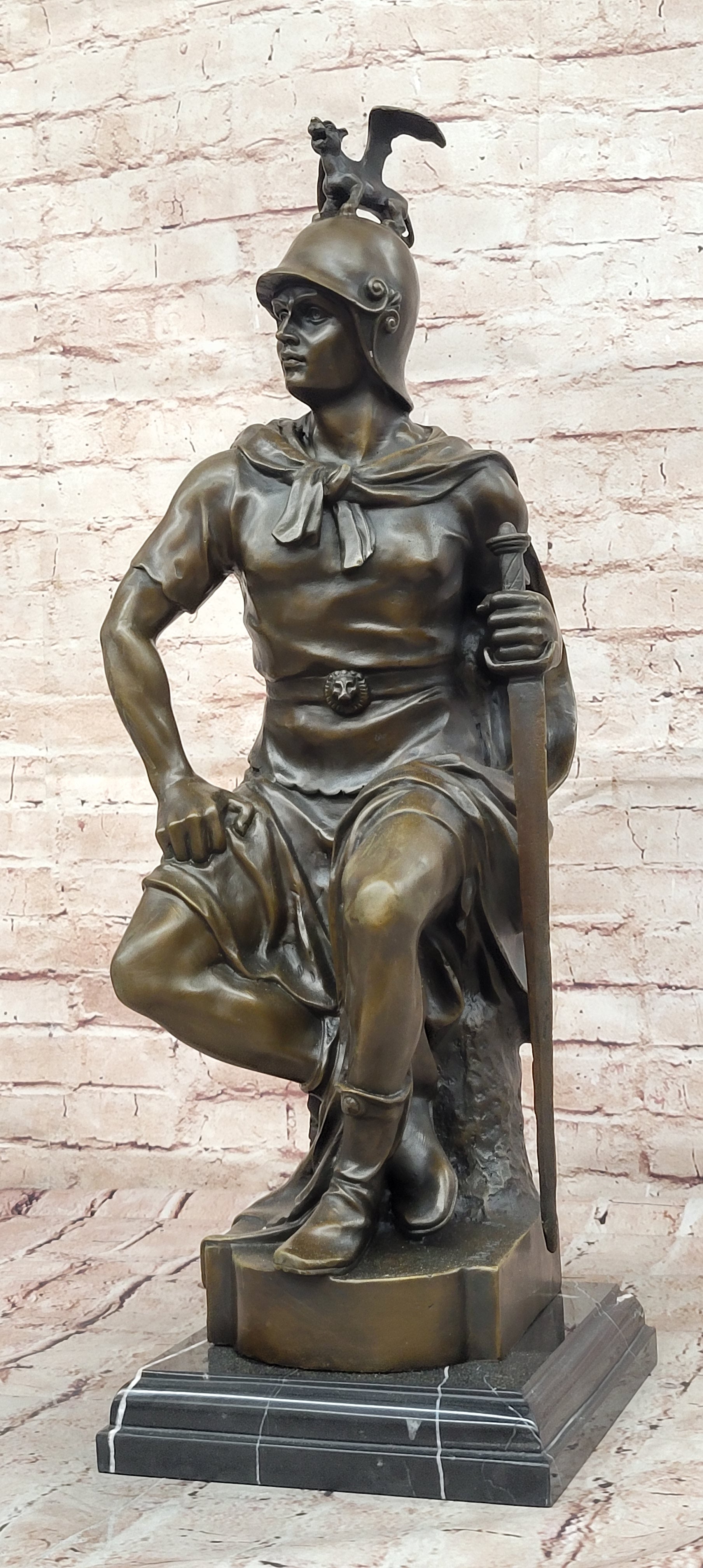 Roman Warrior Soldier Spear Shield Military Art Collector Bronze Marble Statue