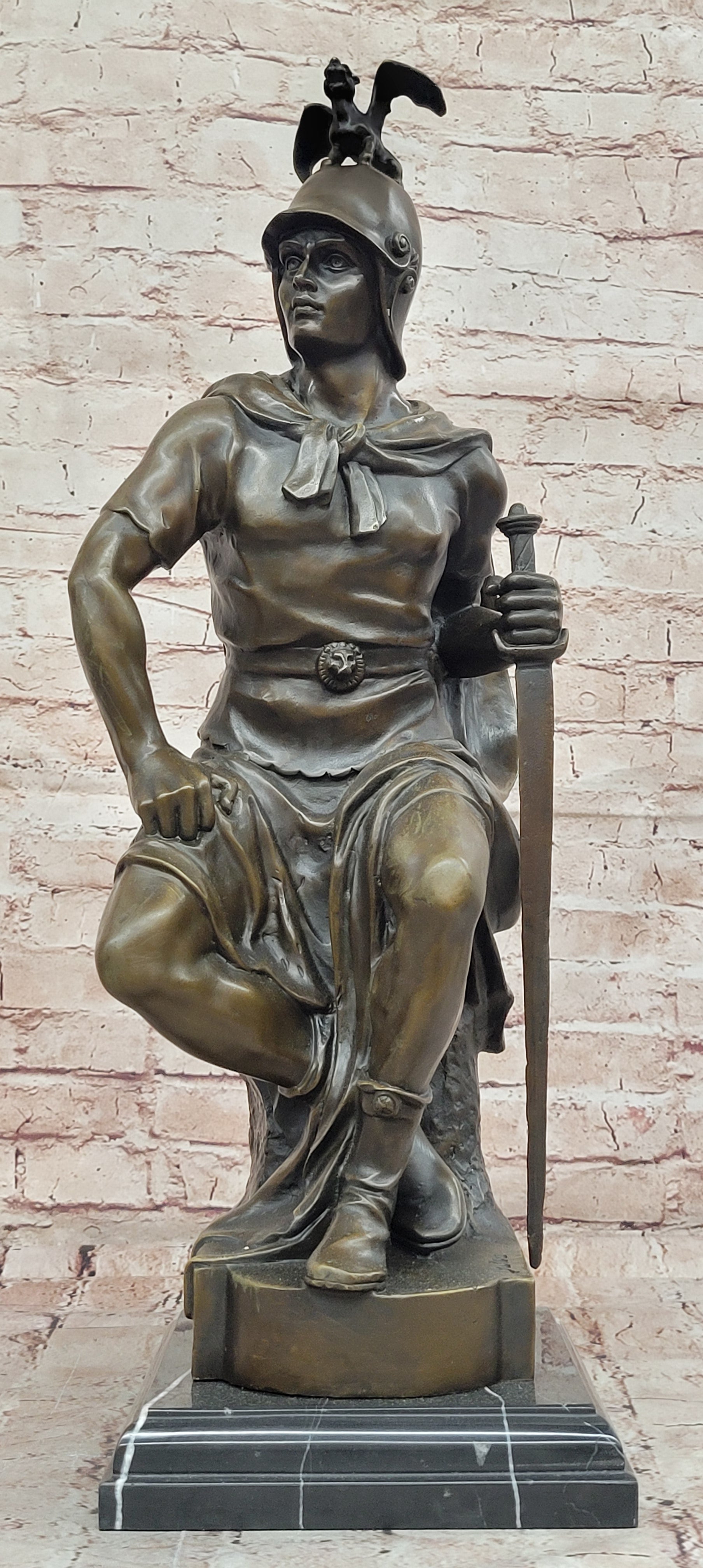 Roman Warrior Soldier Spear Shield Military Art Collector Bronze Marble Statue