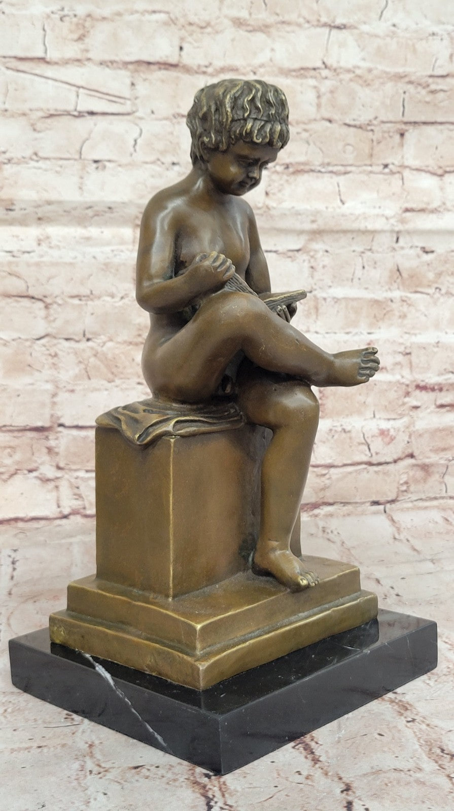 Joy Of Reading Garden 100% Solid Sculpture, Nude Boy and Book Home Decoration