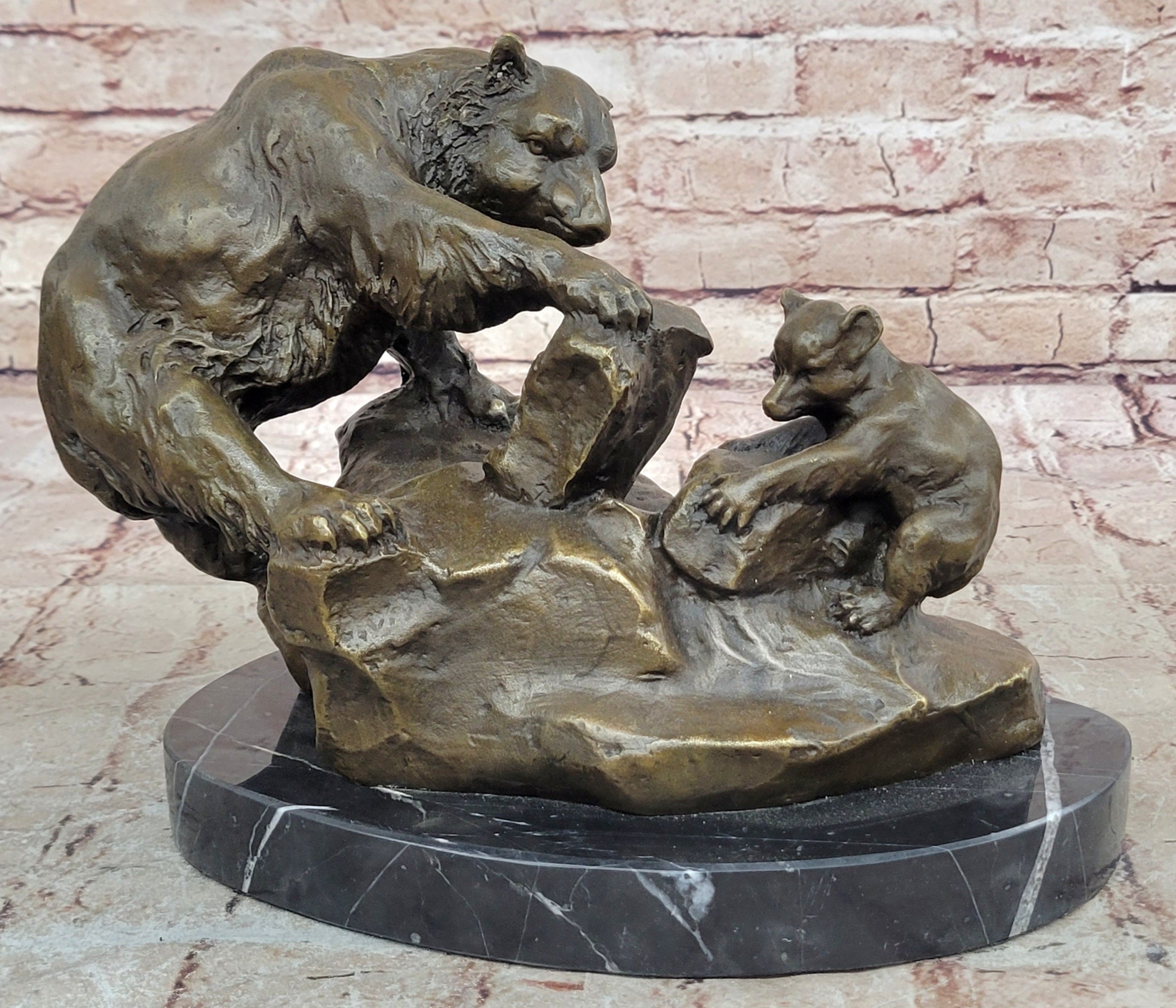 Handcrafted bronze sculpture SALE Cub & Bear Mother Signed Russelle Figurine Art