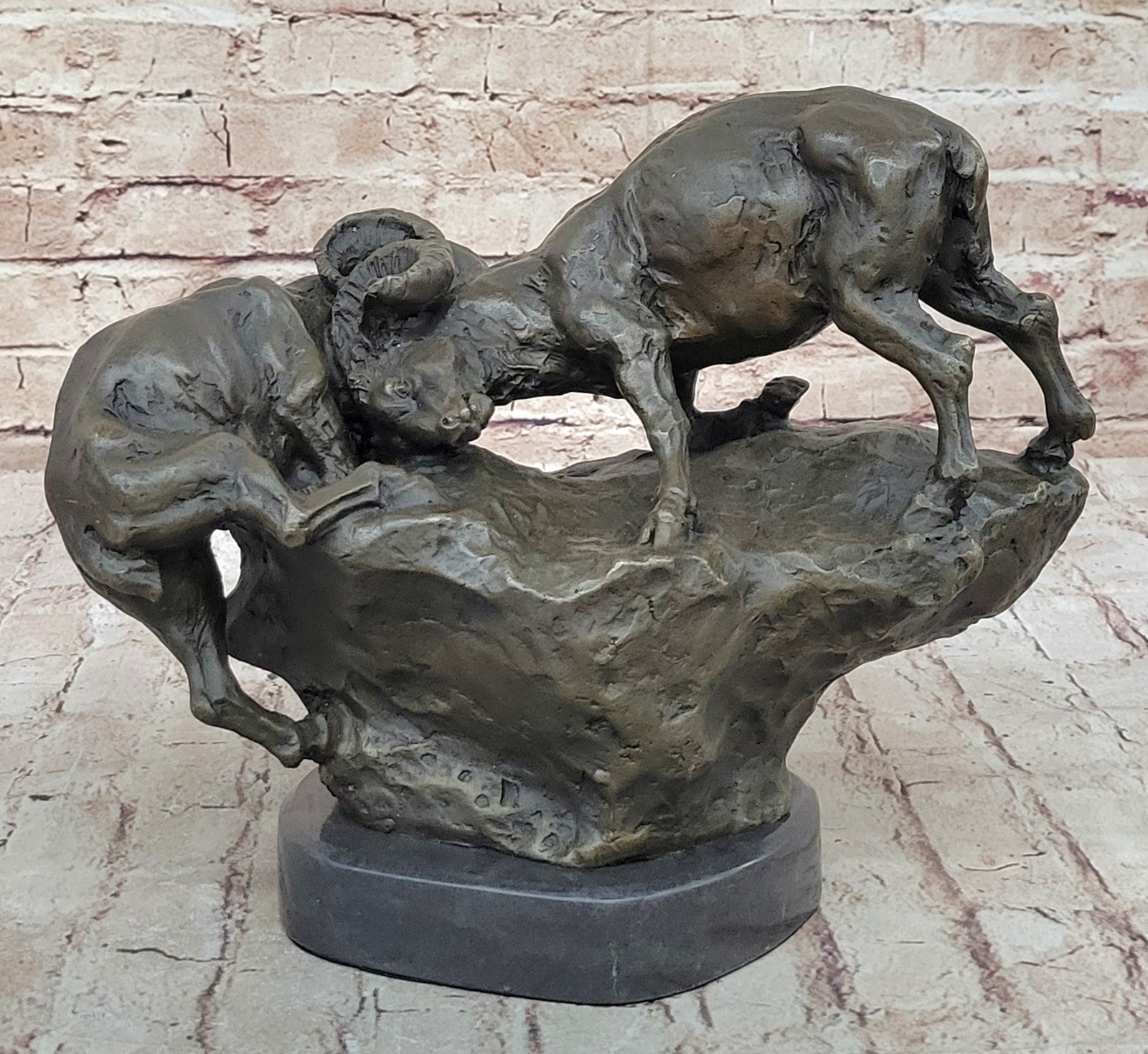 Handcrafted bronze sculpture SALE Base Marble Rams Two Between Confrontation