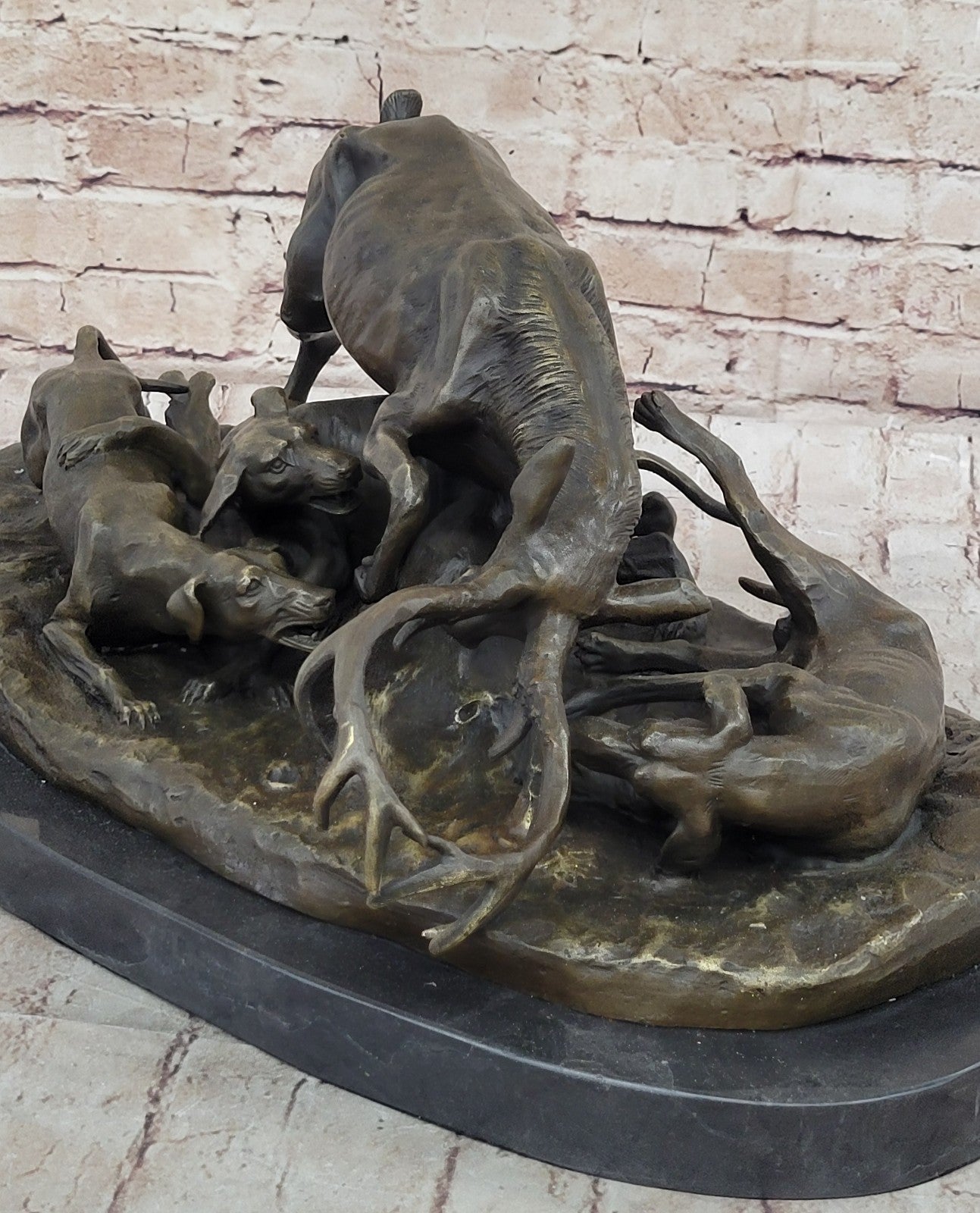 Art Deco Hand Made Confrontation between stag and Dogs Bronze Sculpture Figurine