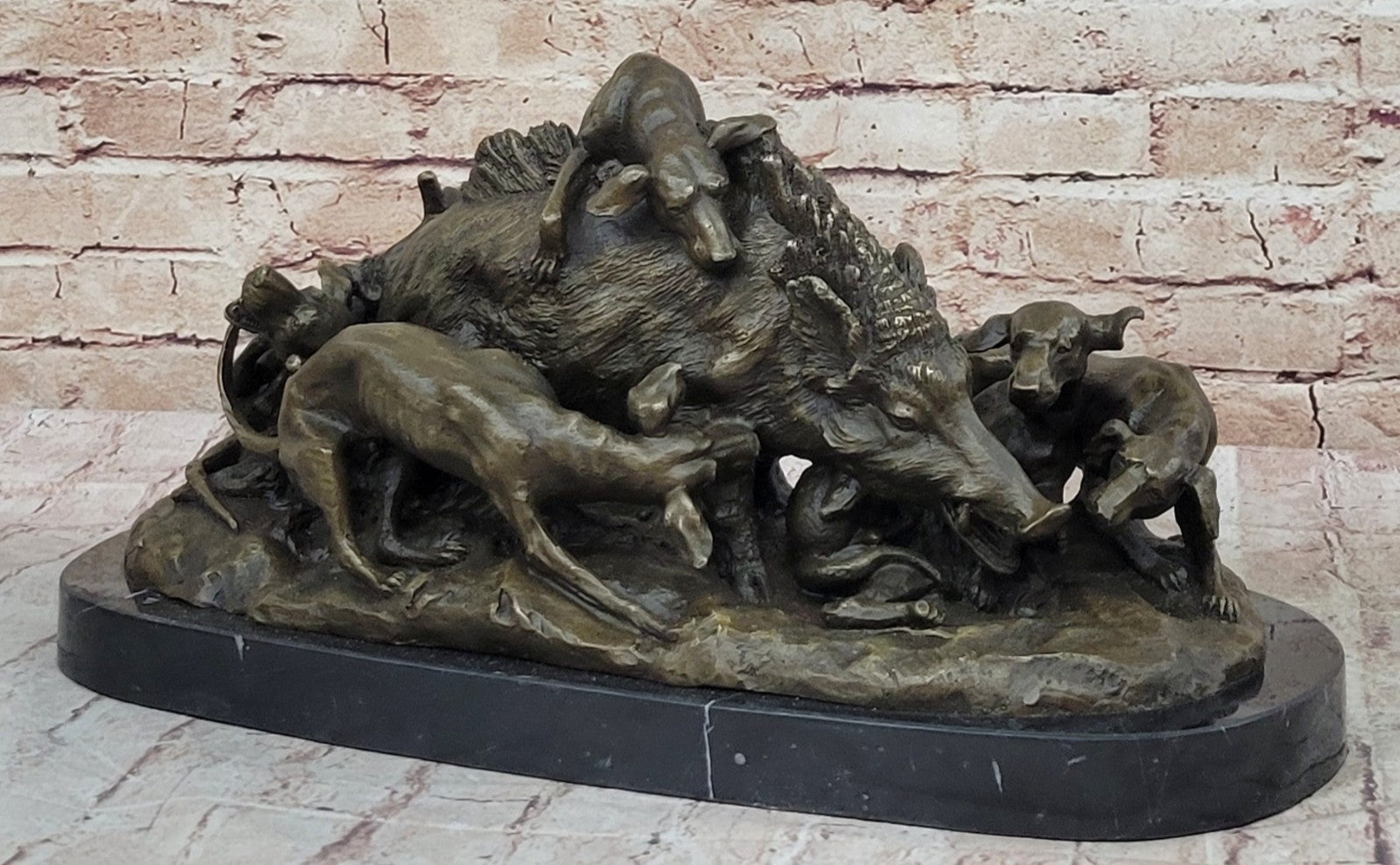 17.5" Signed ART Statue Bronze Marble wild boar Wild Pig & hunting dog WAR