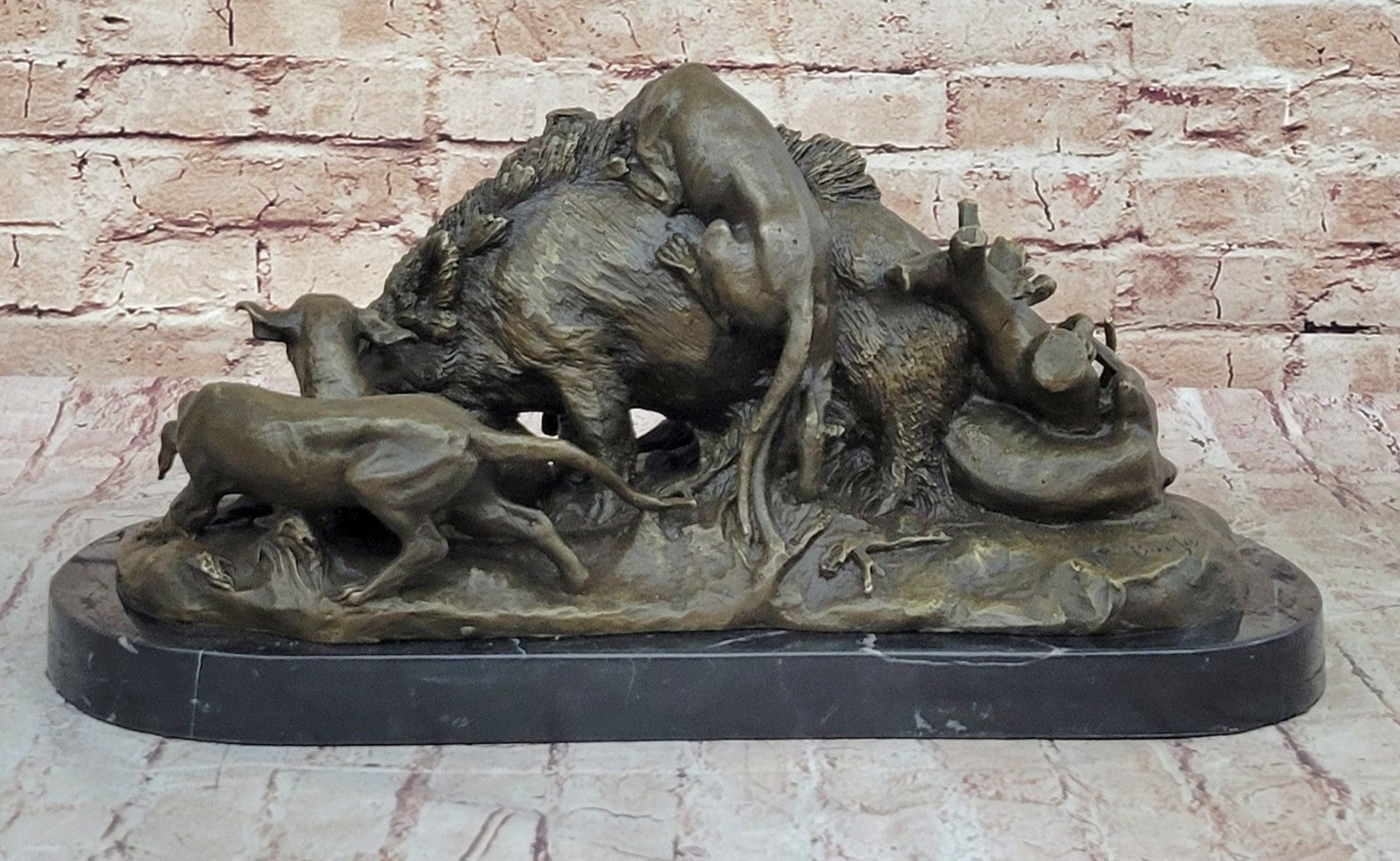 17.5" Signed ART Statue Bronze Marble wild boar Wild Pig & hunting dog WAR