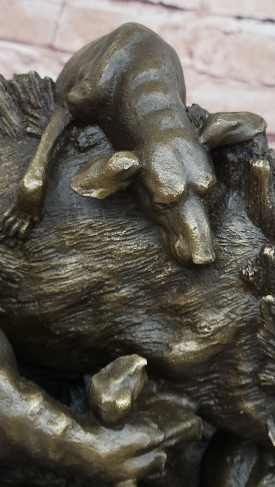 17.5" Signed ART Statue Bronze Marble wild boar Wild Pig & hunting dog WAR