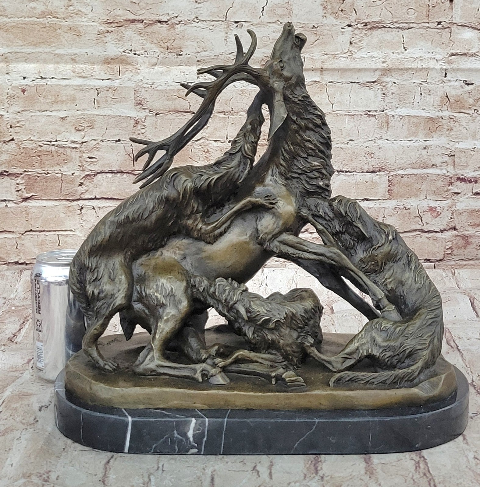 Signed Barye Elk Stag is Attacked by Pack of Wild Dogs Bronze Sculpture Statue