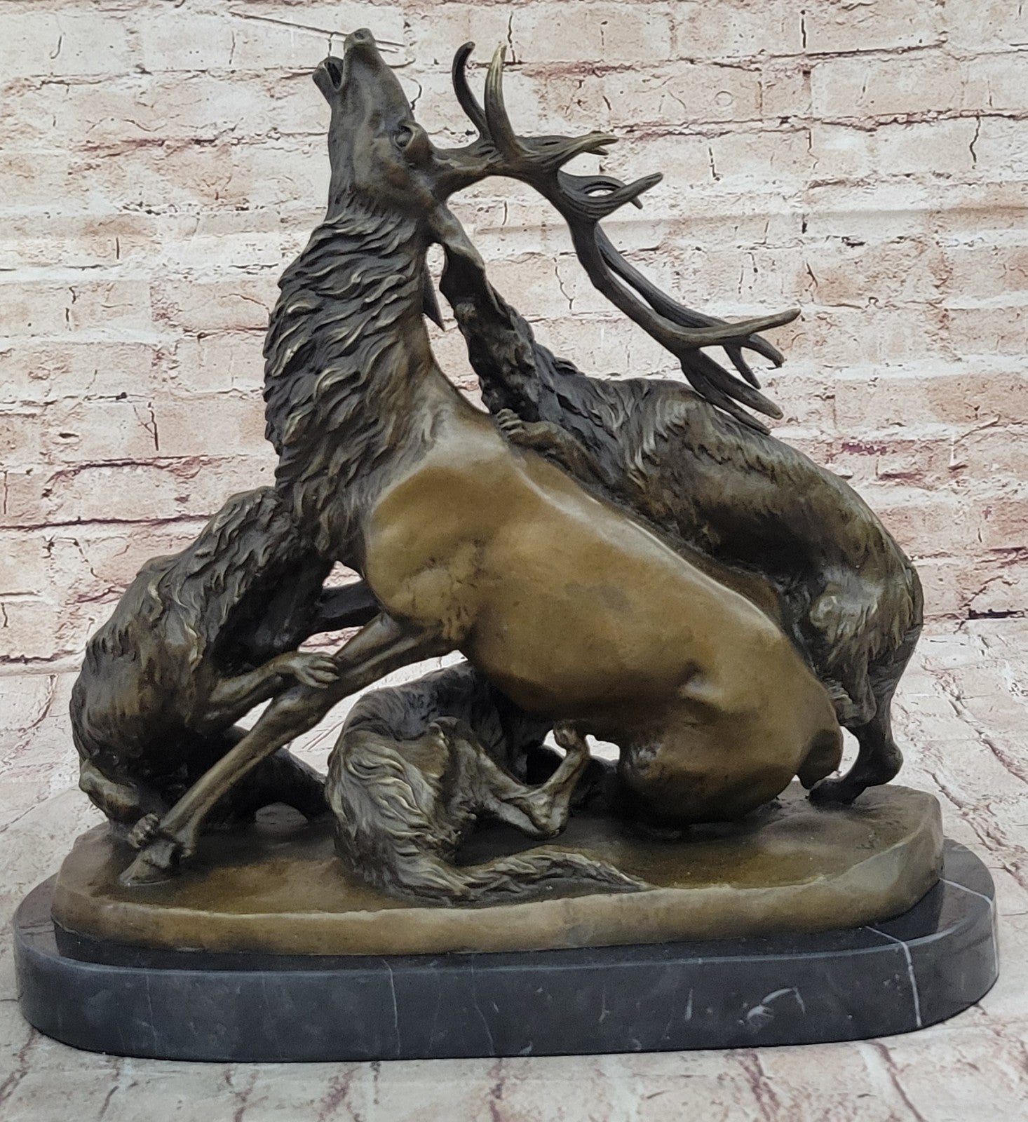 Signed Barye Elk Stag is Attacked by Pack of Wild Dogs Bronze Sculpture Statue