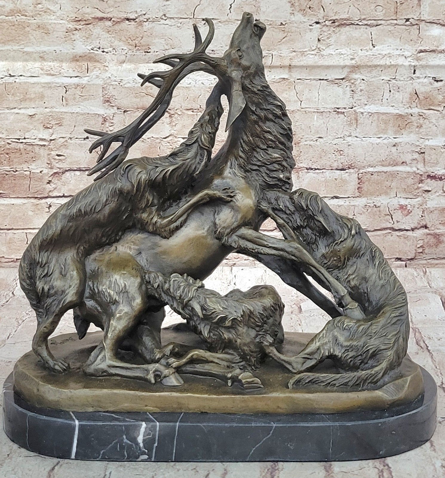 Signed Barye Elk Stag is Attacked by Pack of Wild Dogs Bronze Sculpture Statue