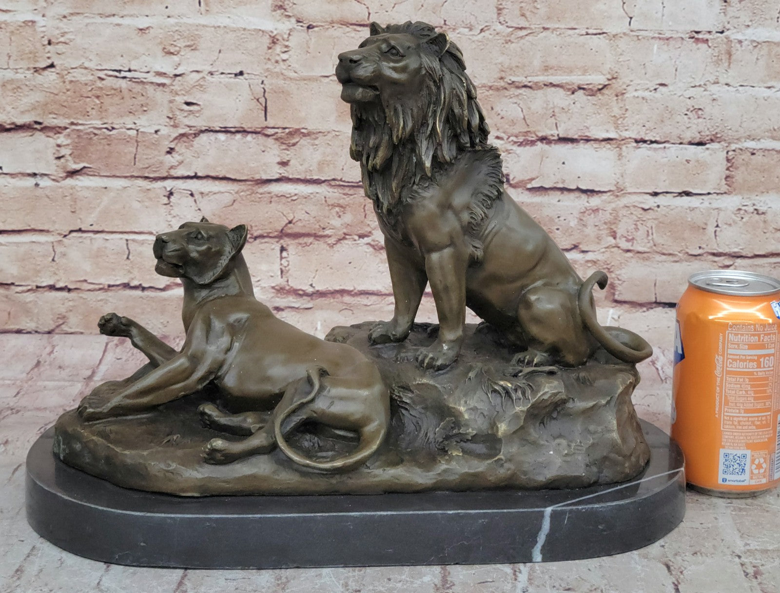 Roaring Male & Female Lions Lion Lioness Bronze Statue Sculpture Art Deco Decor