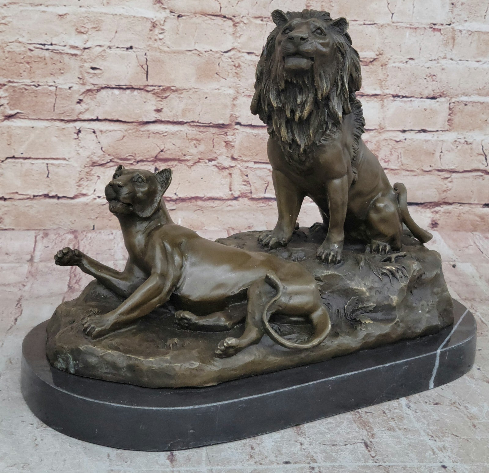 Roaring Male & Female Lions Lion Lioness Bronze Statue Sculpture Art Deco Decor