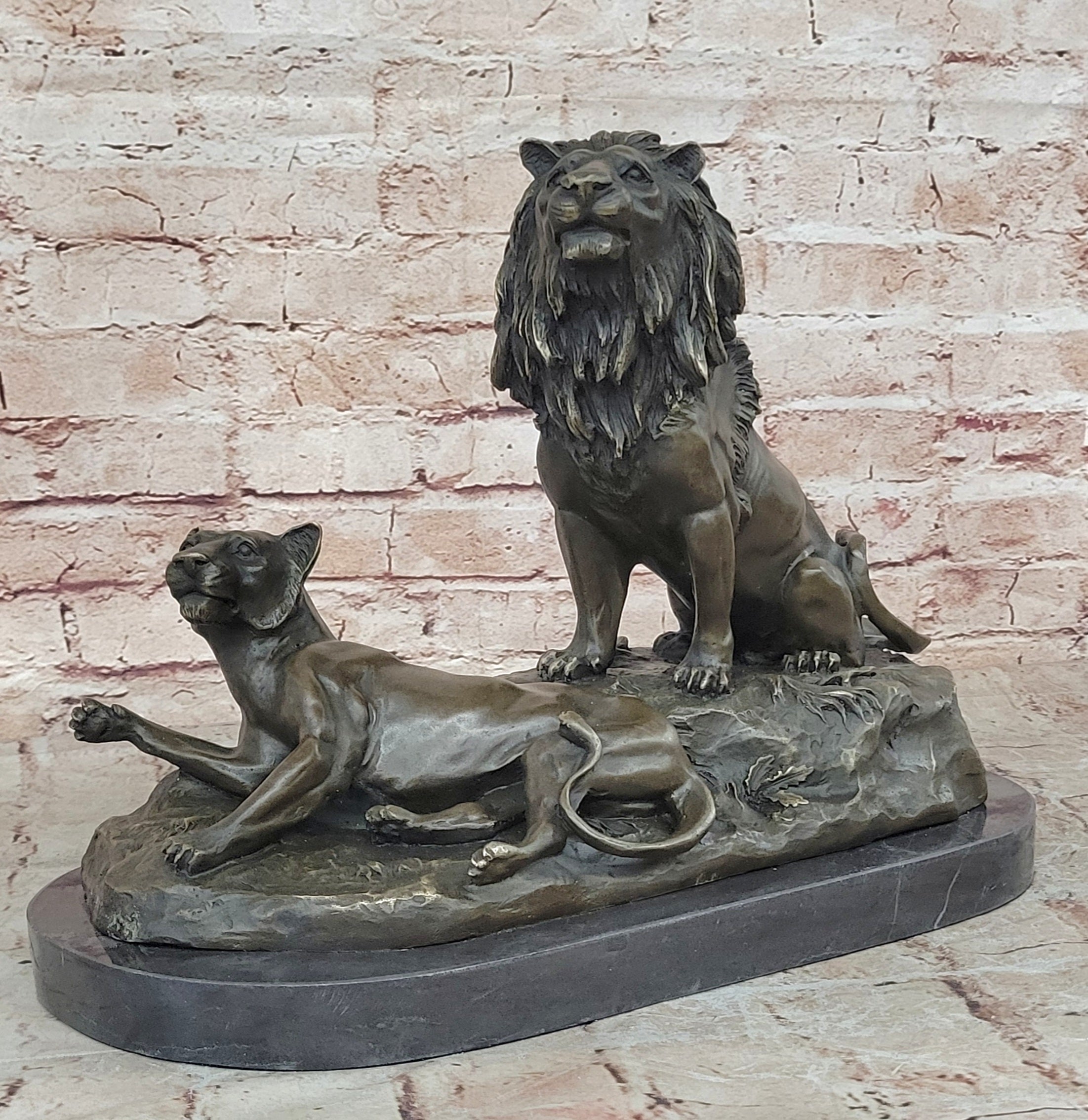 Roaring Male & Female Lions Lion Lioness Bronze Statue Sculpture Art Deco Decor