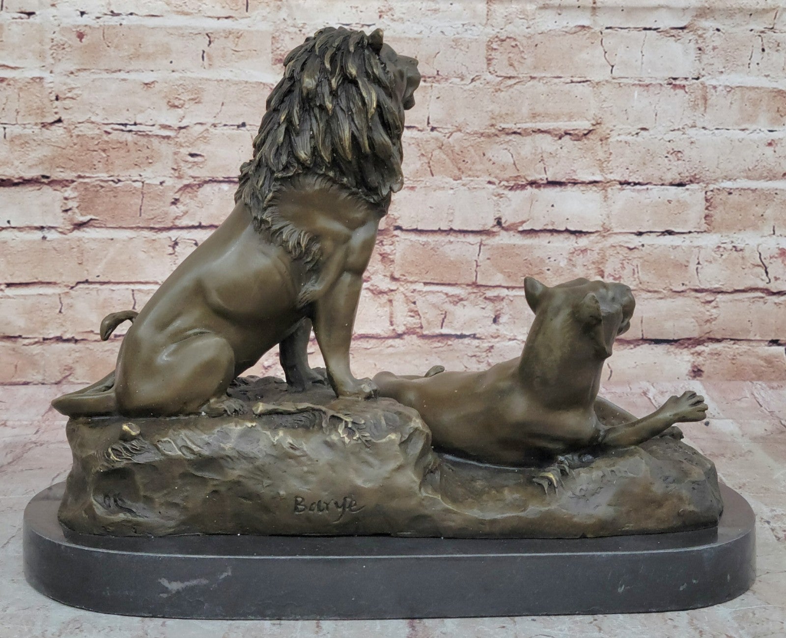 Roaring Male & Female Lions Lion Lioness Bronze Statue Sculpture Art Deco Decor