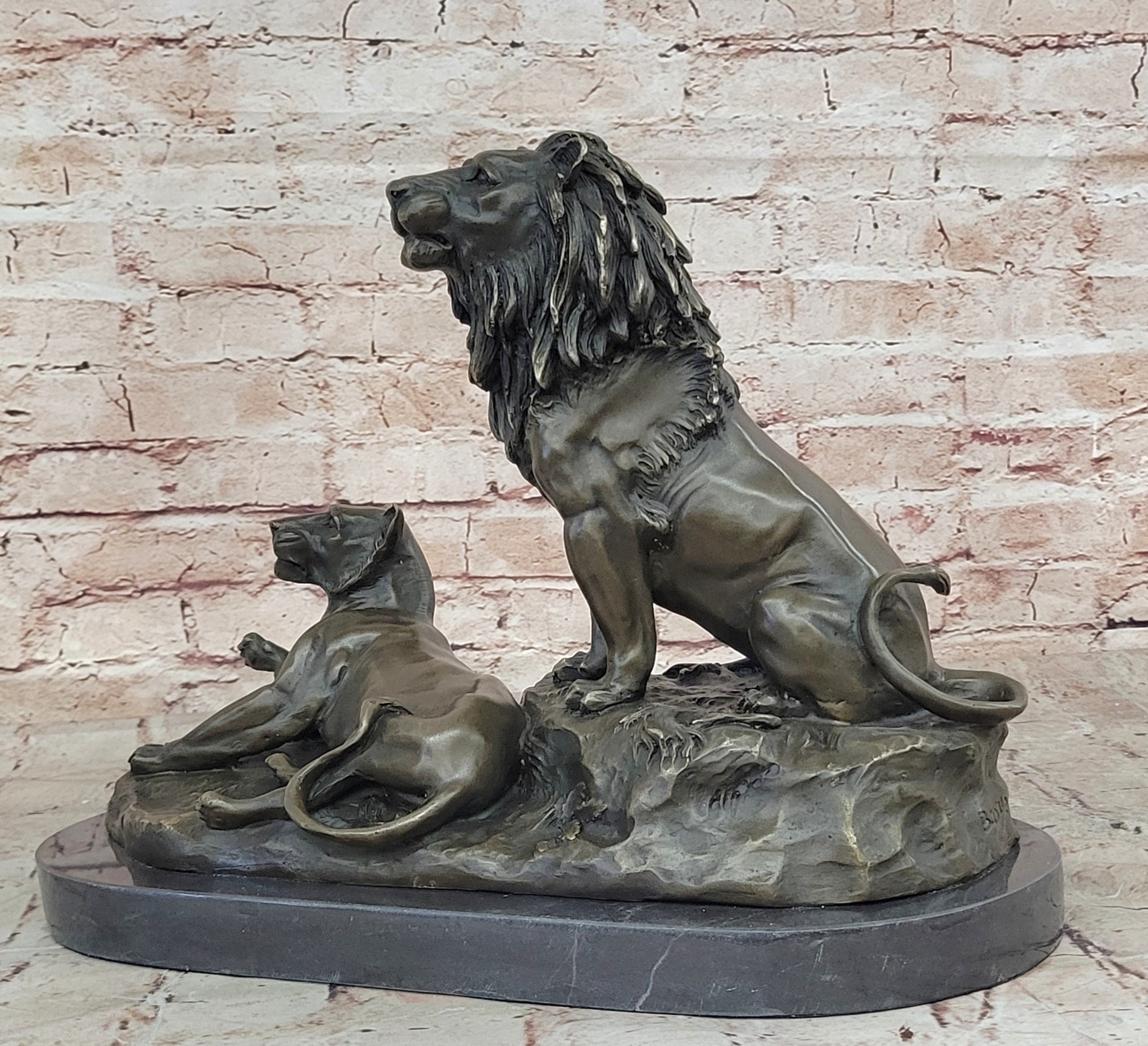 Roaring Male & Female Lions Lion Lioness Bronze Statue Sculpture Art Deco Decor