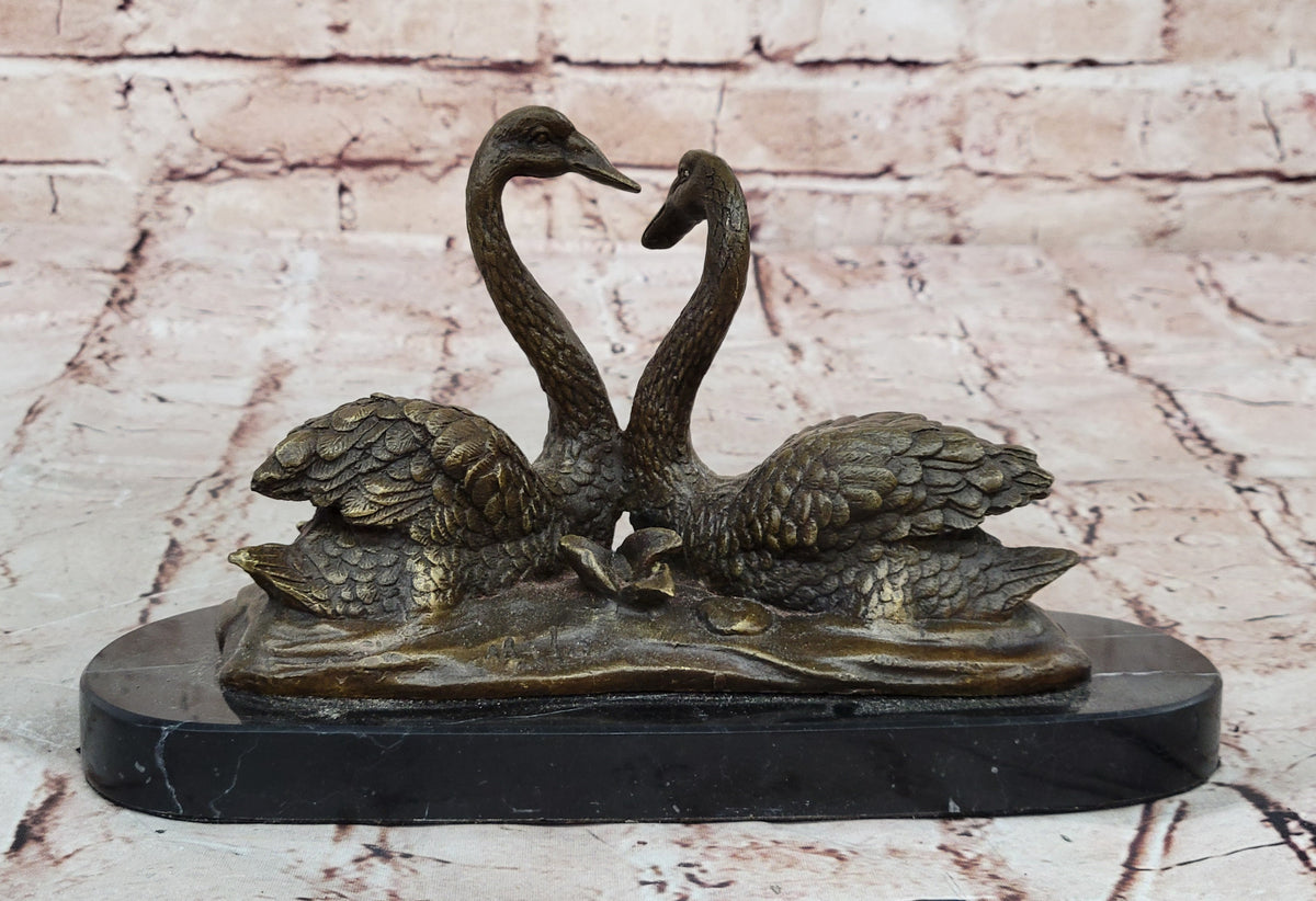 Art Deco Swan Swans Hot Cast Bronze Sculpture Marble Base Figurine Figure Deco