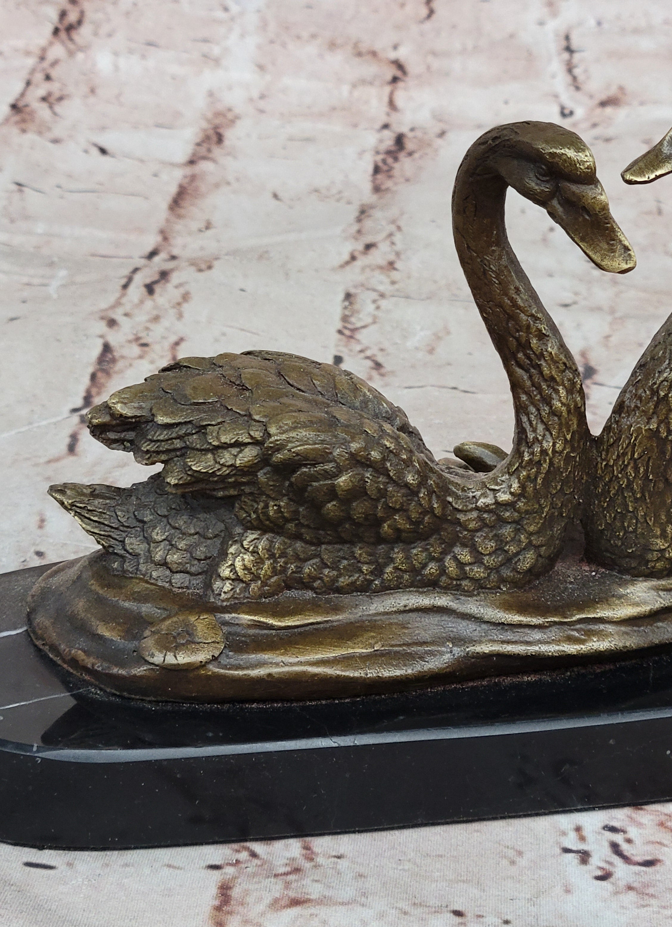 Art Deco Swan Swans Hot Cast Bronze Sculpture Marble Base Figurine Figure Deco