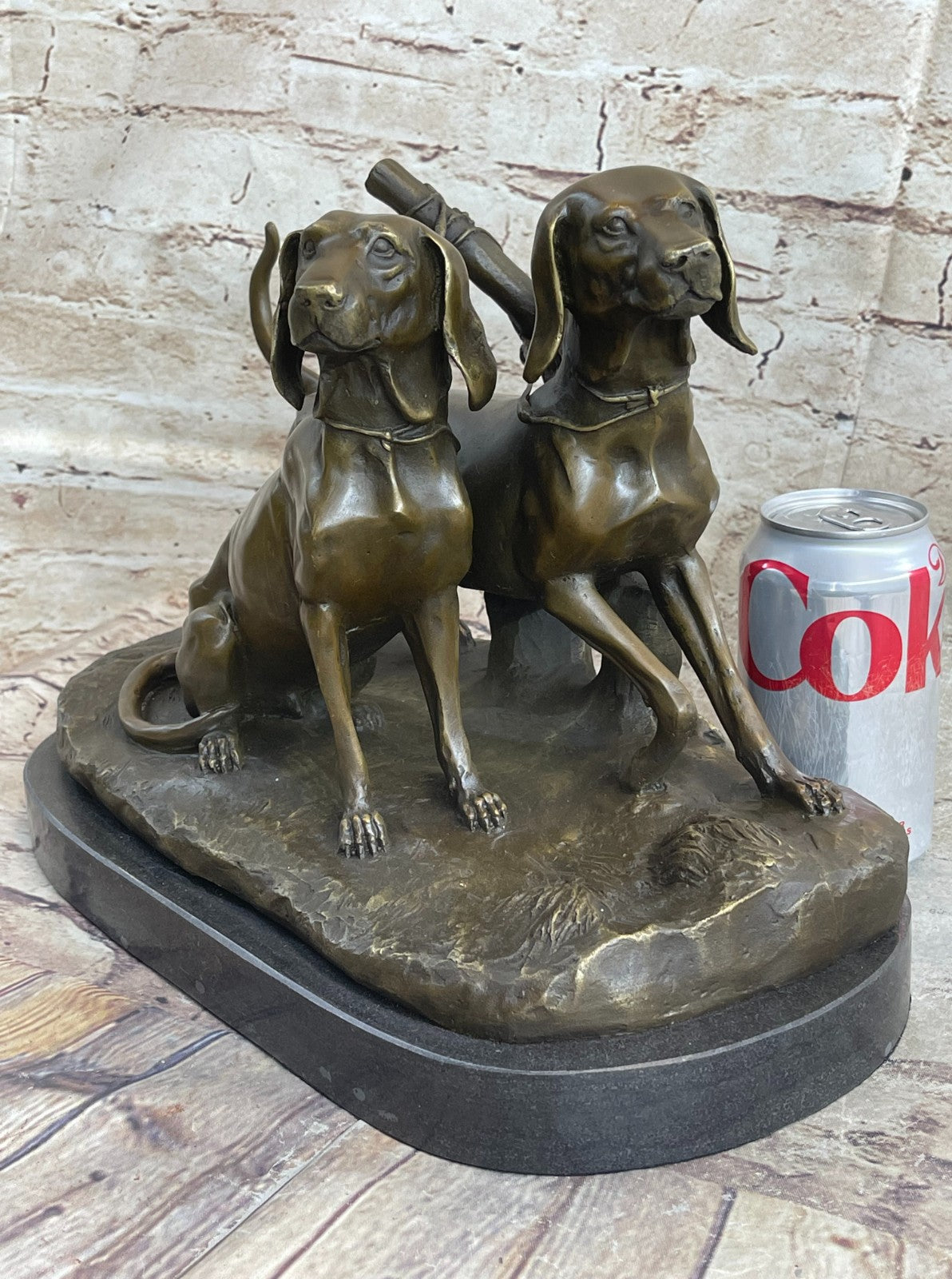 Two Large Pointers Hunting Dog Bird Water Dogs Bronze Marble Statue Home Decor