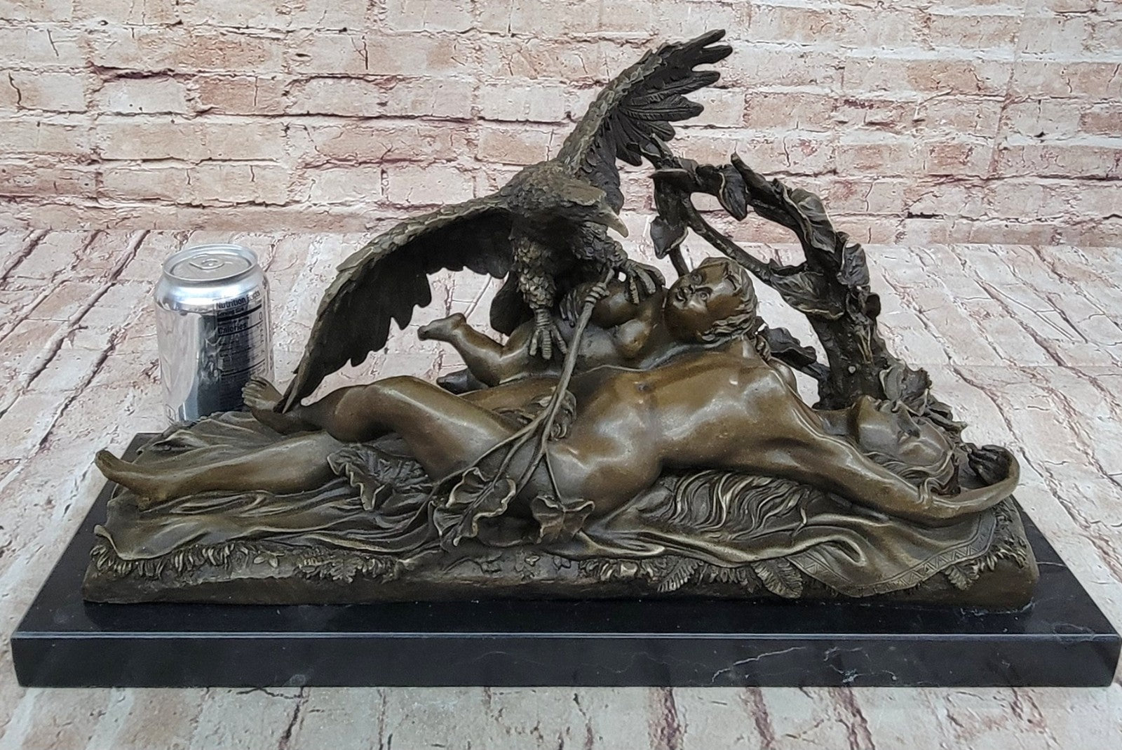 Handcrafted bronze sculpture Hawk Eagle Baby W/ Nude Girl Original Signed Artwork