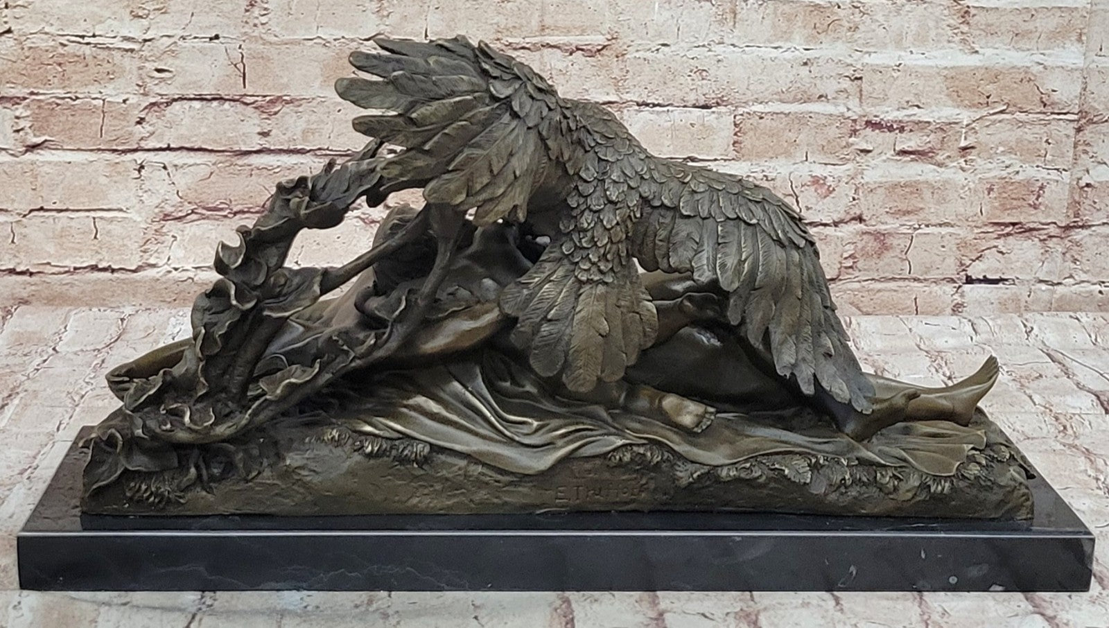 Handcrafted bronze sculpture Hawk Eagle Baby W/ Nude Girl Original Signed Artwork