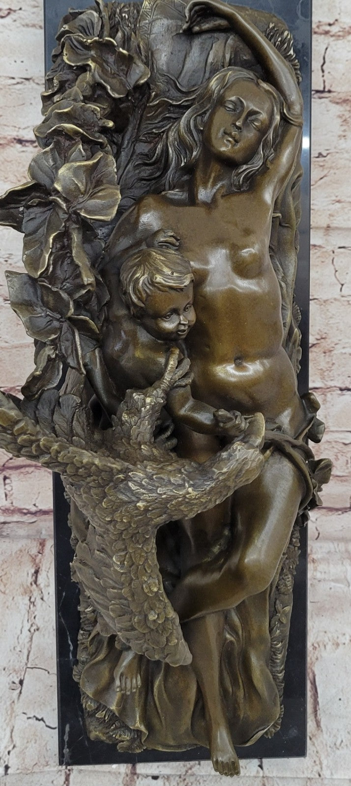 Handcrafted bronze sculpture Hawk Eagle Baby W/ Nude Girl Original Signed Artwork