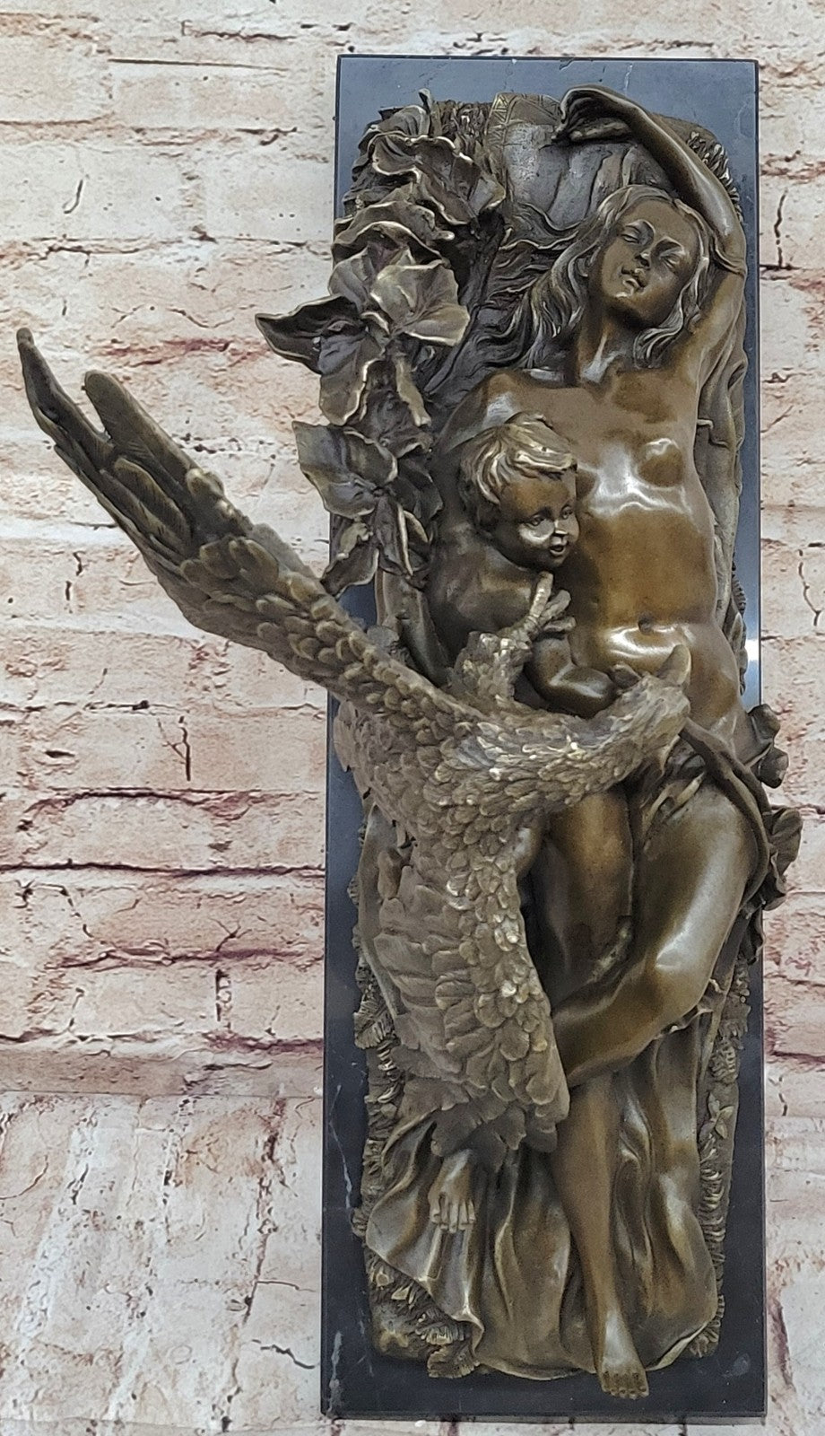 Handcrafted bronze sculpture Hawk Eagle Baby W/ Nude Girl Original Signed Artwork