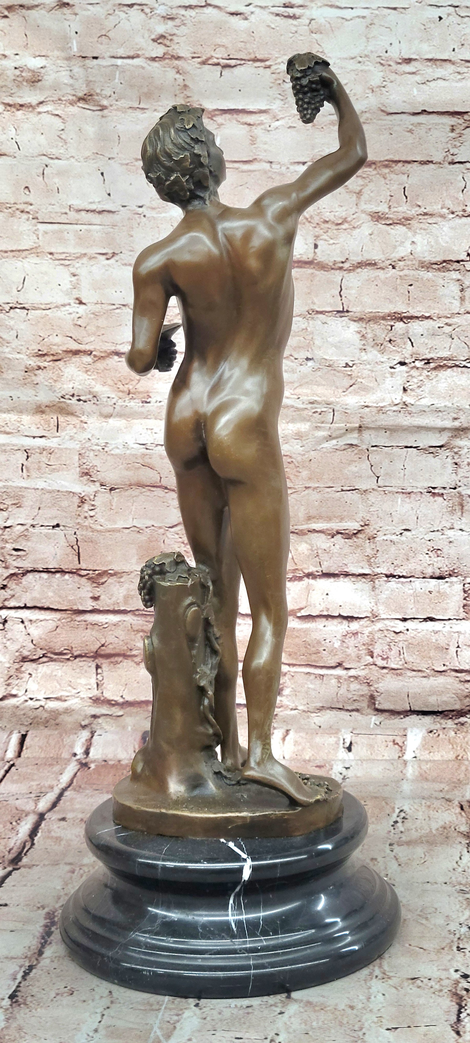 Lost Wax Bronze Nude Bacchus Dionysus Female Grapes Statue Sculpture Greek Art