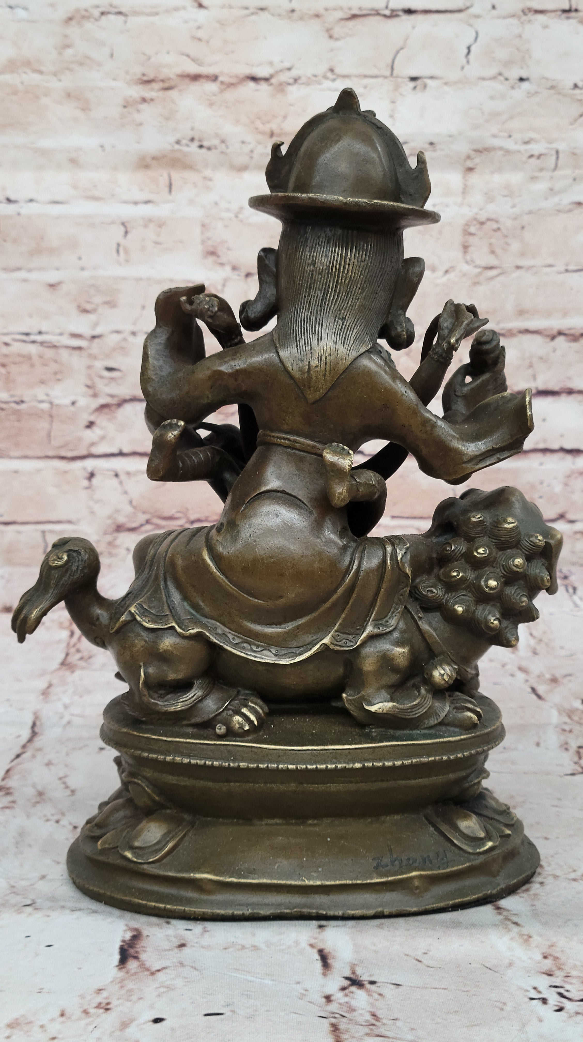 Bronze Sculpture Statue of Buddha with Foo Dog Guardian Eastern Spiritual Art