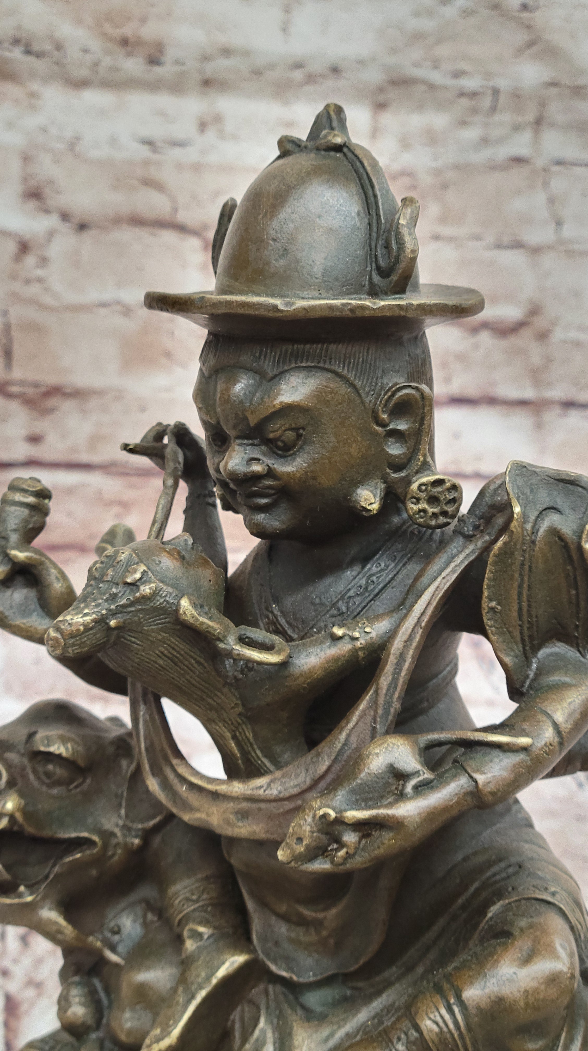 Bronze Sculpture Statue of Buddha with Foo Dog Guardian Eastern Spiritual Art