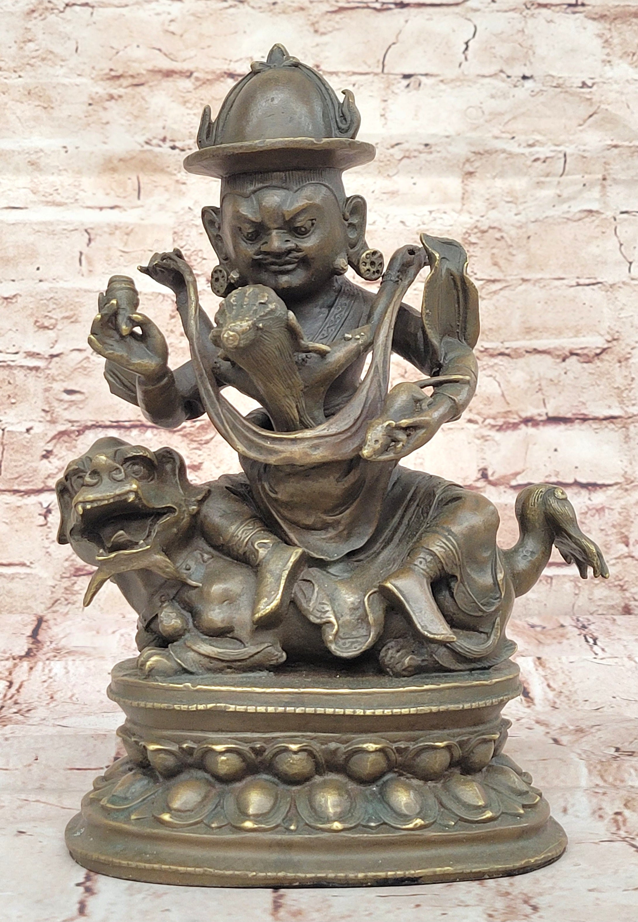 Bronze Sculpture Statue of Buddha with Foo Dog Guardian Eastern Spiritual Art