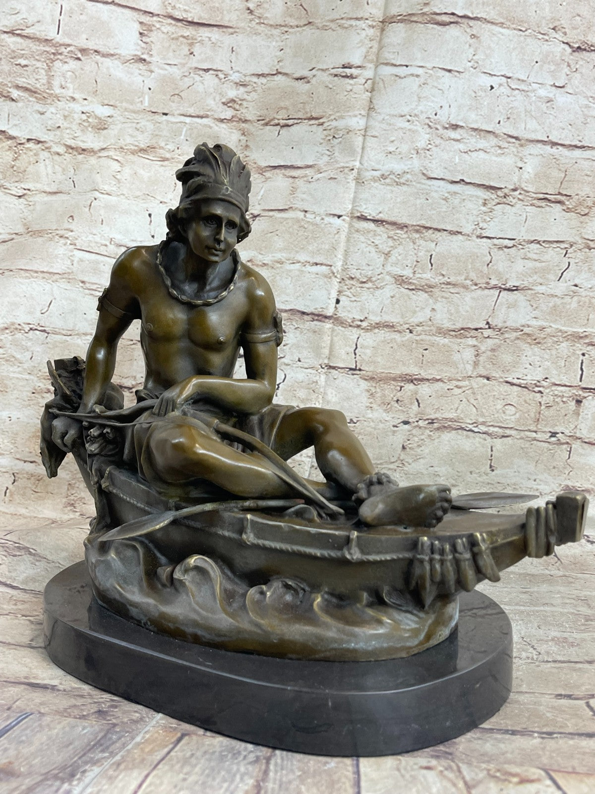Native American Indian Artwork Nude Warrior Hot Cast Canoe Bronze Marble Statue