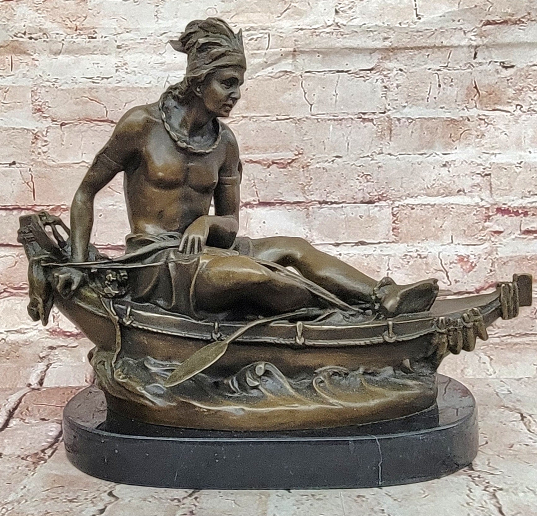 Native American Indian Artwork Nude Warrior Hot Cast Canoe Bronze Marble Statue