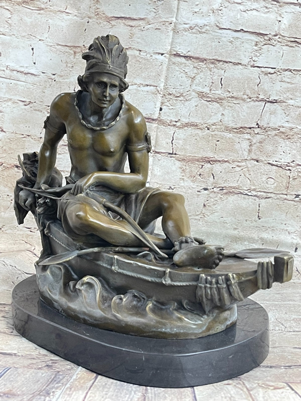 Native American Indian Artwork Nude Warrior Hot Cast Canoe Bronze Marble Statue