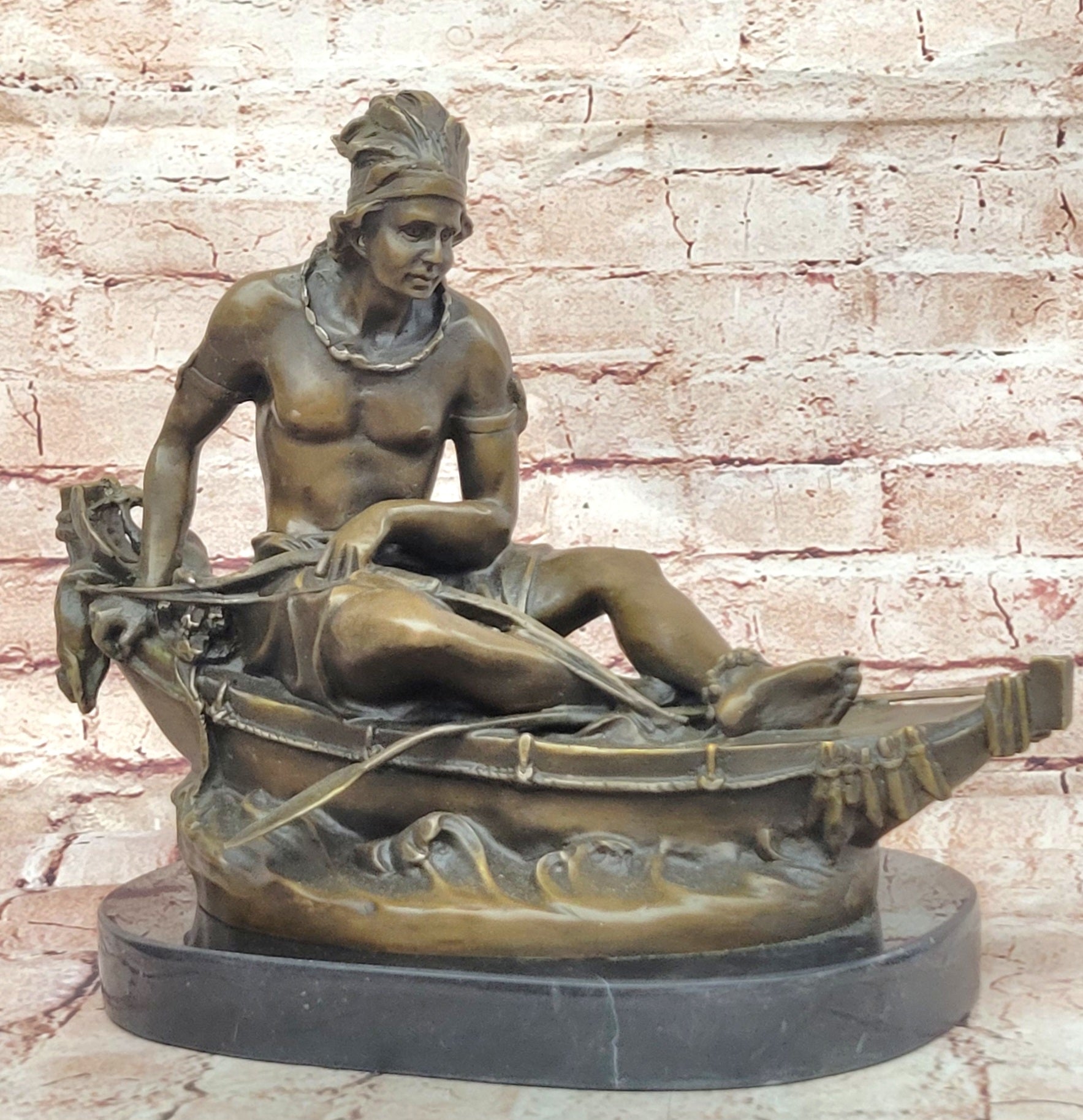 Native American Indian Artwork Nude Warrior Hot Cast Canoe Bronze Marble Statue