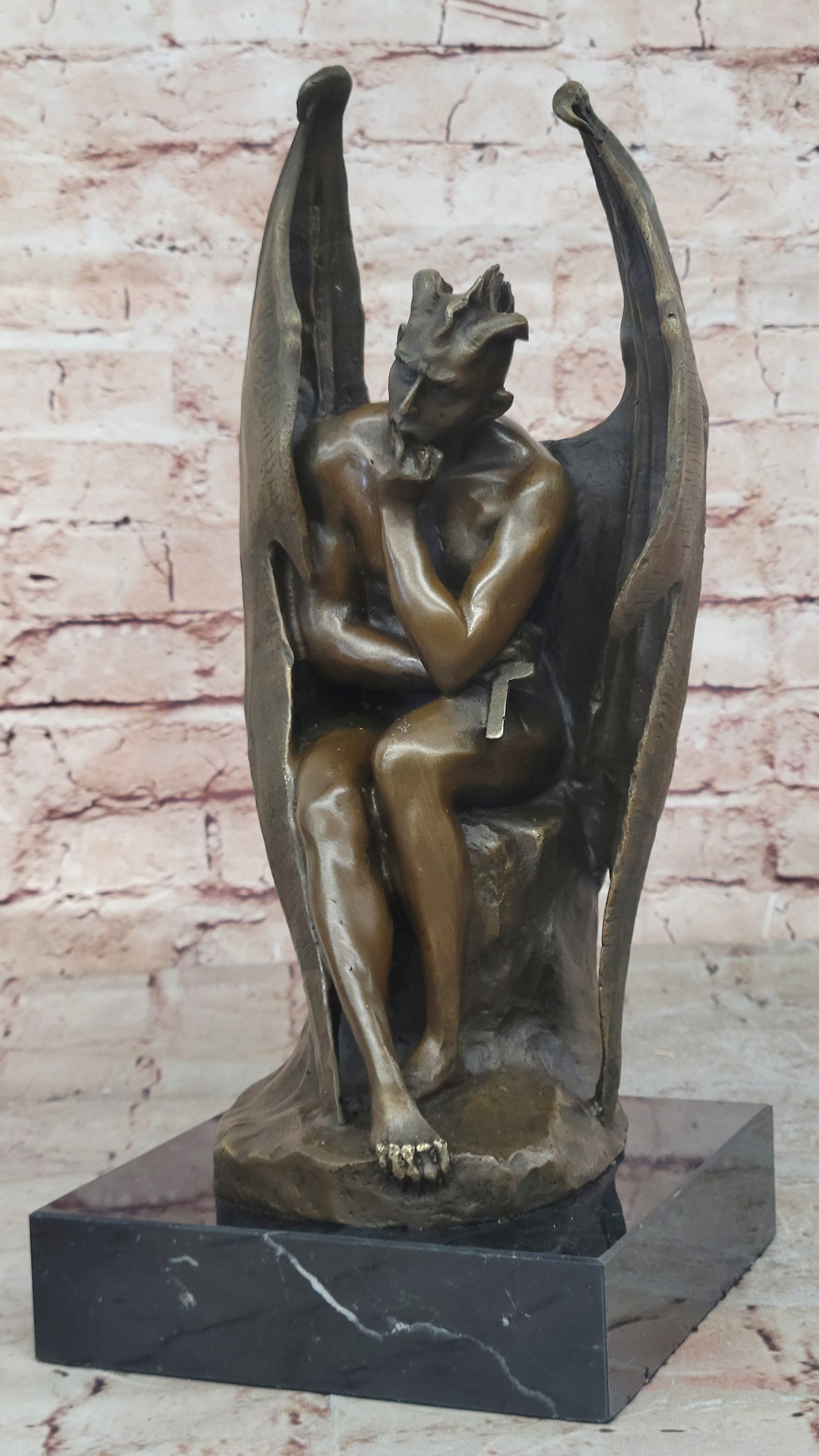 Brown Patina Handcrafted Hot Cast Bronze Satan Devil Satanic Sculpture Statue