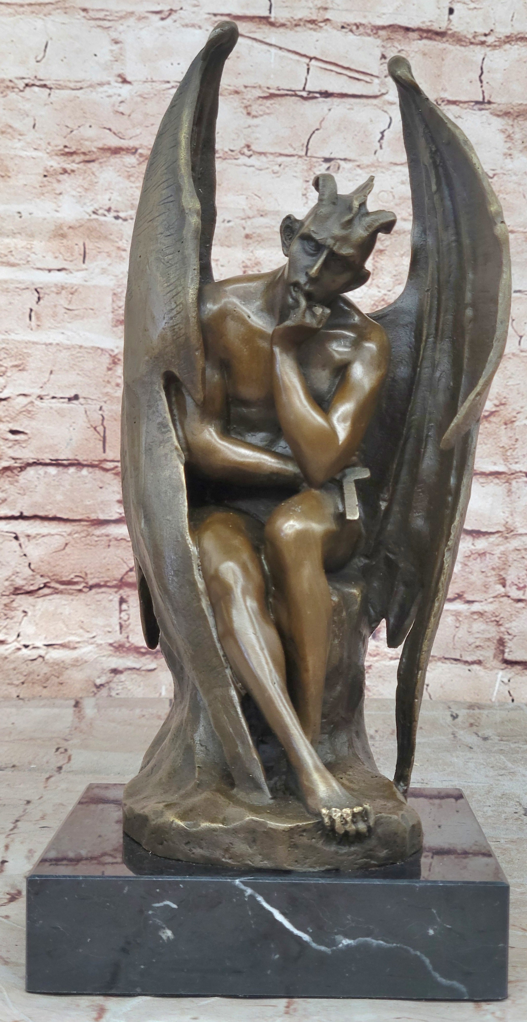 Brown Patina Handcrafted Hot Cast Bronze Satan Devil Satanic Sculpture Statue