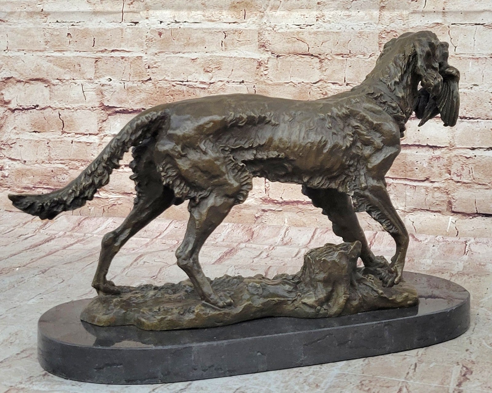 Hot Cast Handcrafted Golden Retriever Hunting Dog With Bird Bronze Sculpture