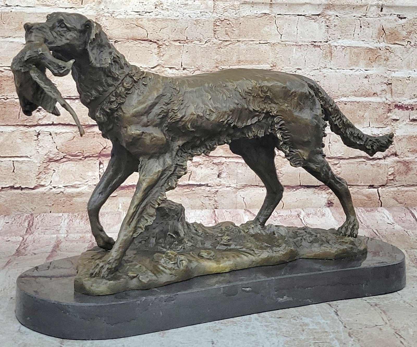 Hot Cast Handcrafted Golden Retriever Hunting Dog With Bird Bronze Sculpture
