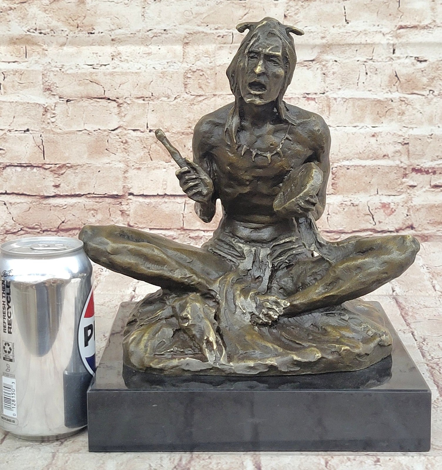 Large Bronze Sculpture - American Indian Chief Playing Ceremonial Drum 20 LBS