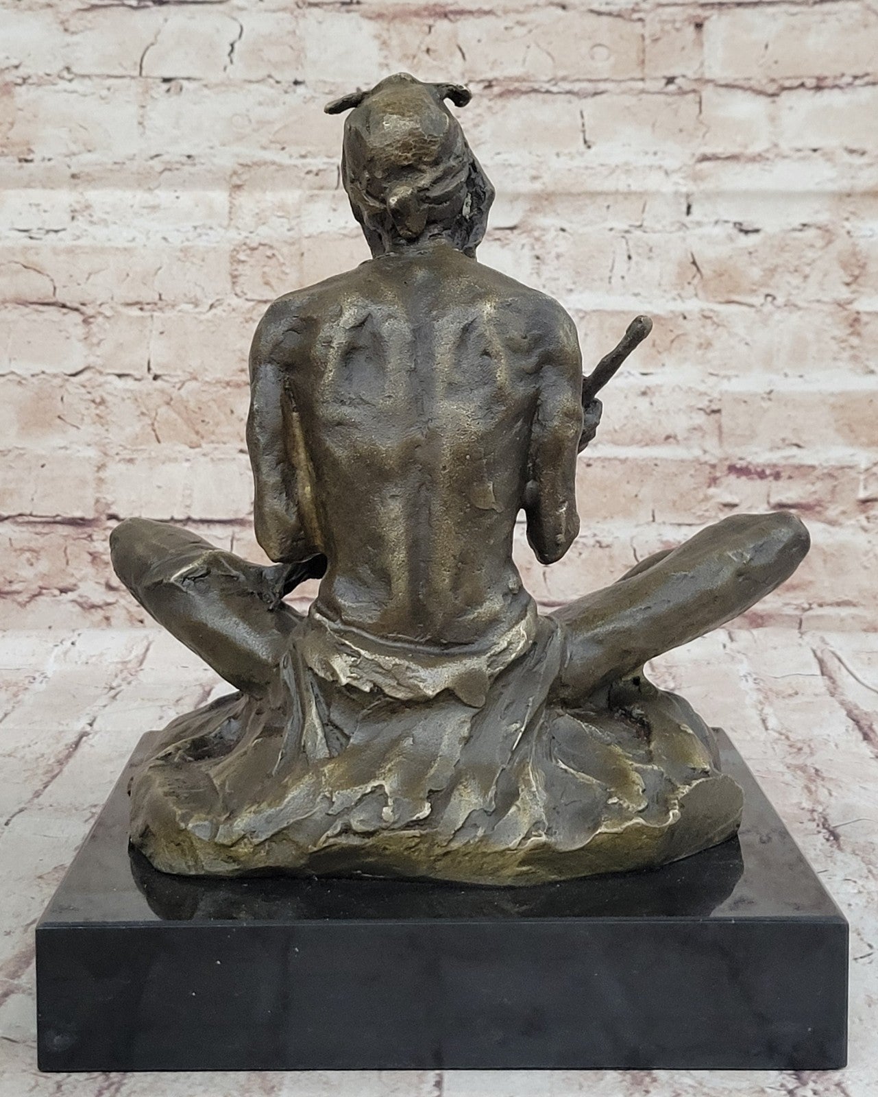 Large Bronze Sculpture - American Indian Chief Playing Ceremonial Drum 20 LBS