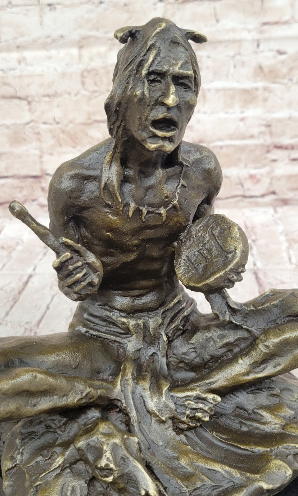 Large Bronze Sculpture - American Indian Chief Playing Ceremonial Drum 20 LBS
