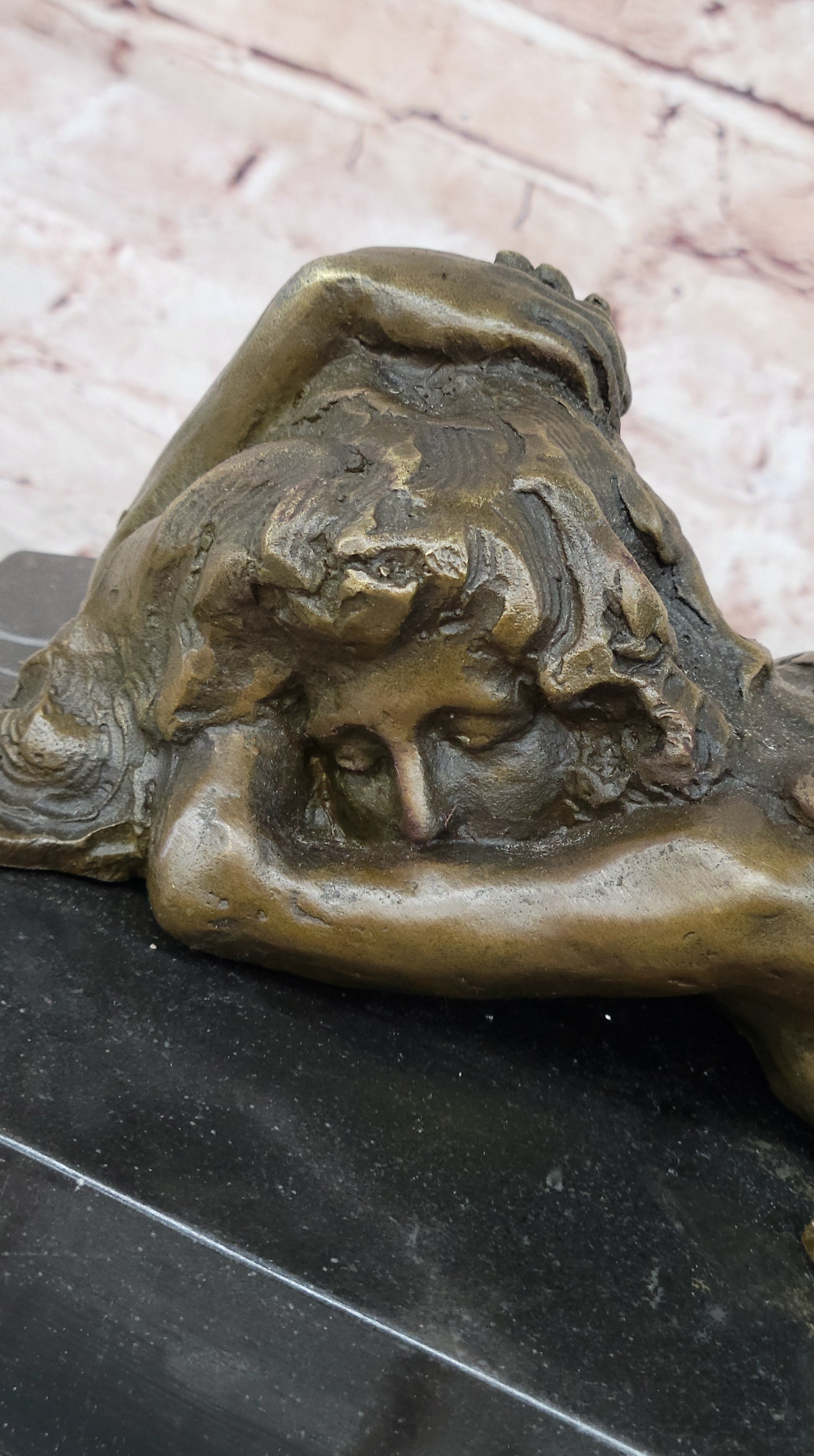100% Hot Cast Bronze on Marble Base Nude Erotic Girl on Knees Lesbian Art Preiss