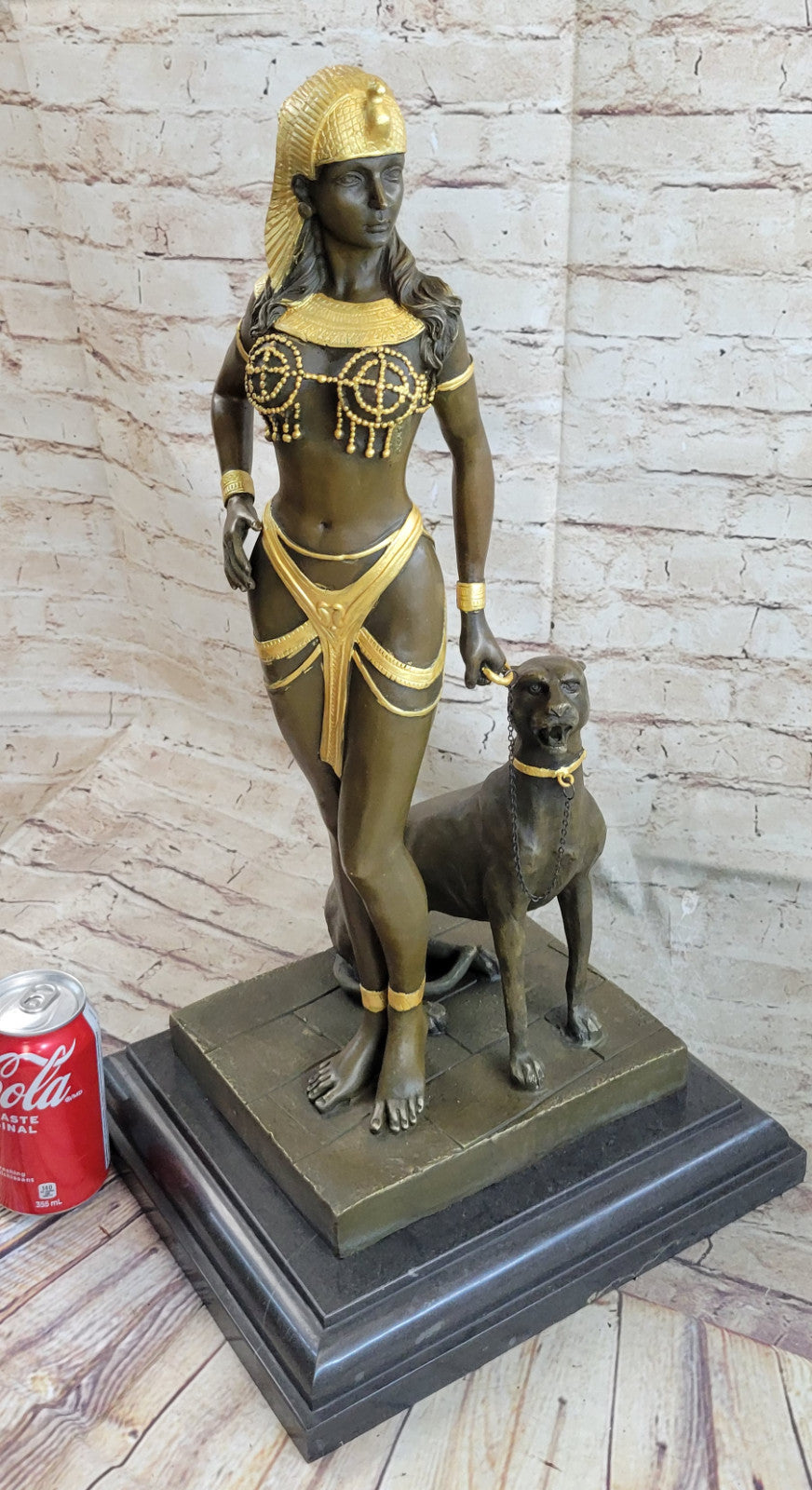 LADY mit PANTHER BRONZE KLEOPATRA AKT FIGUR sexy EGYPT QUEEN nackte FRAUENFIGUR