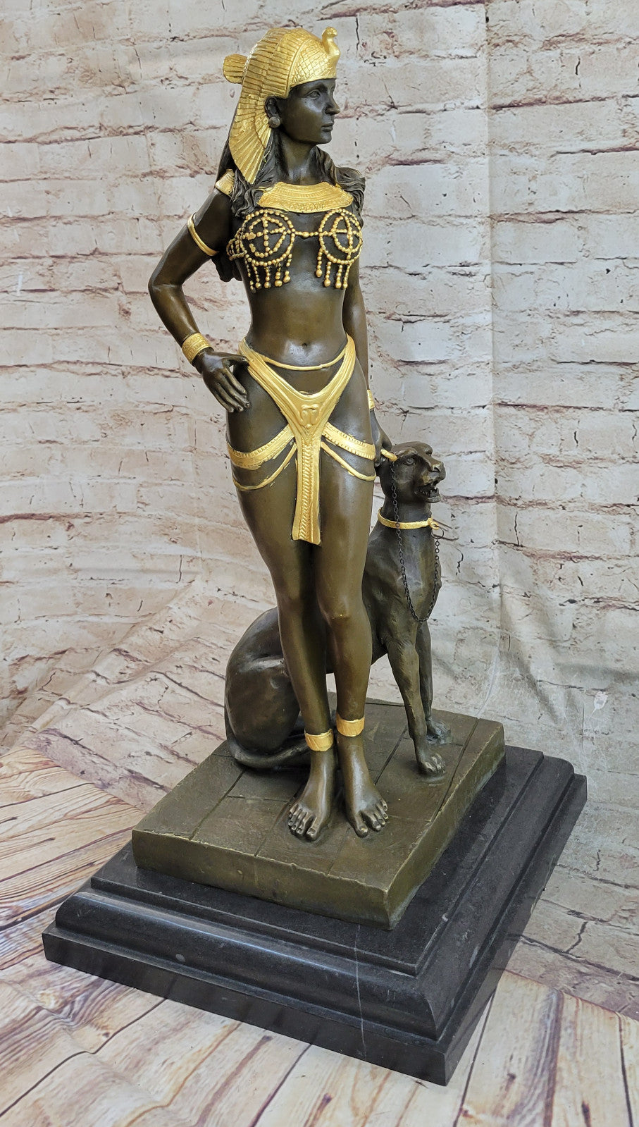 LADY mit PANTHER BRONZE KLEOPATRA AKT FIGUR sexy EGYPT QUEEN nackte FRAUENFIGUR