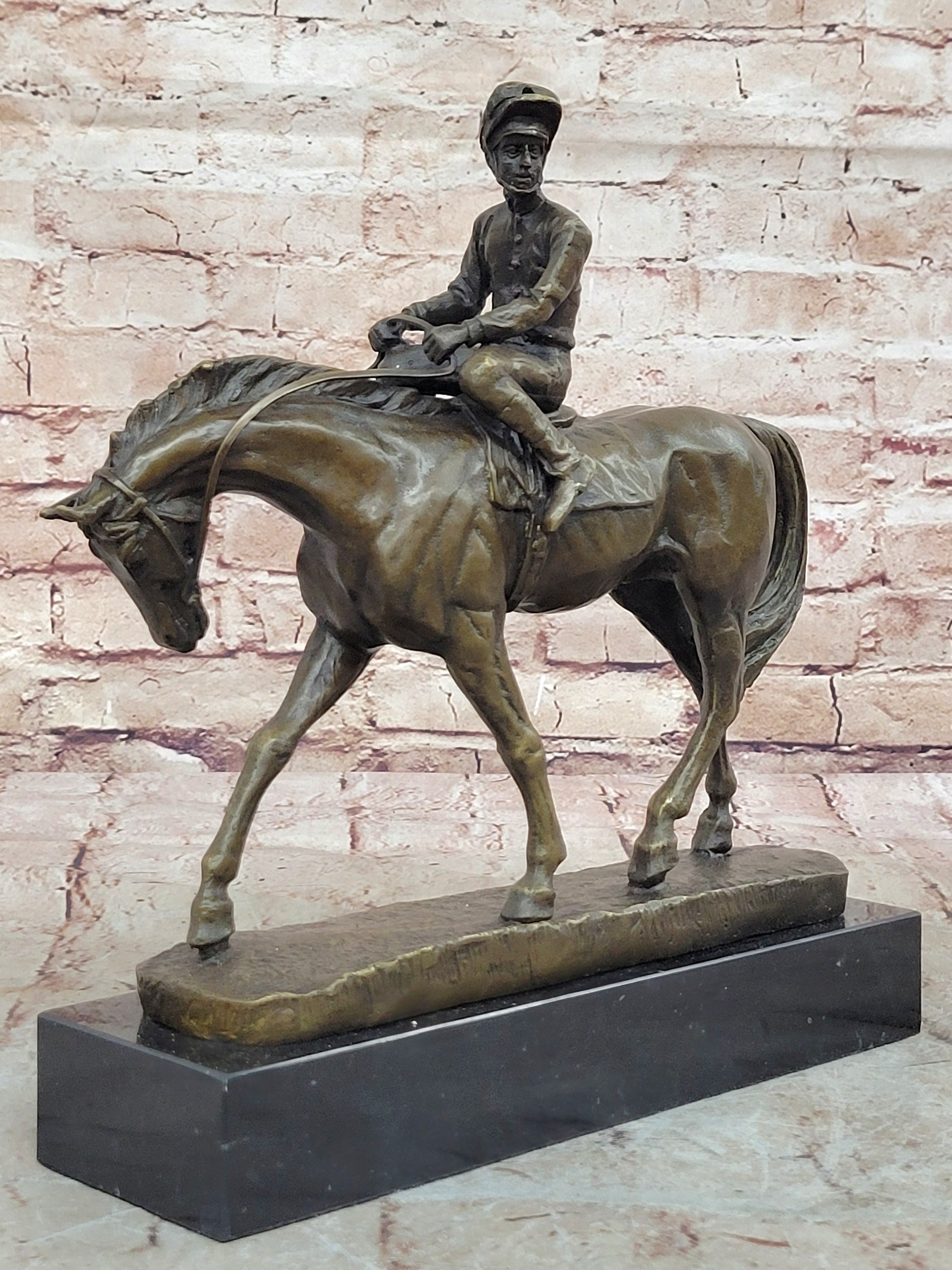 French Vintage Bronze Statue Sculpture Horse Jockey France circa 1970 Home Deco