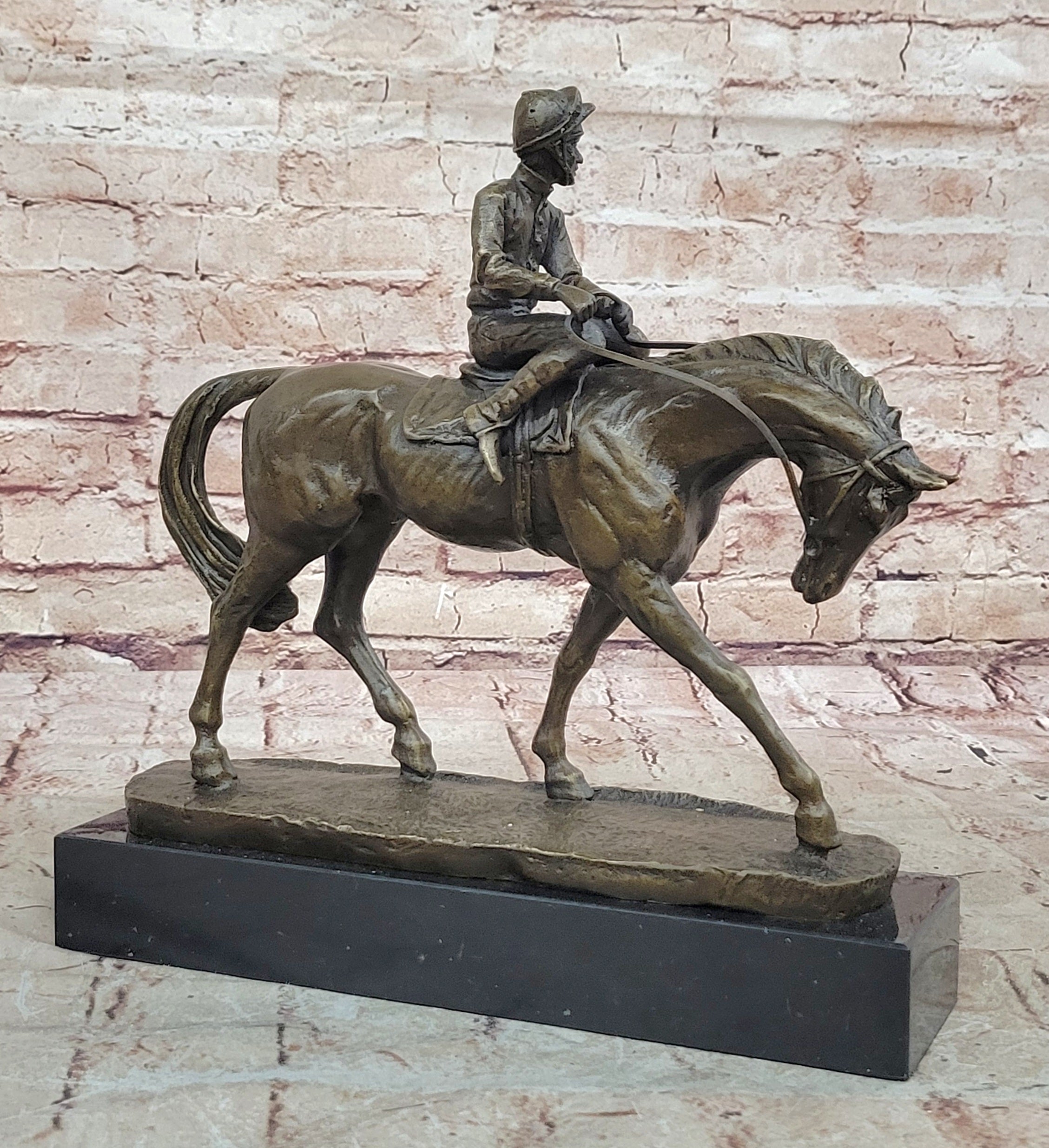 French Vintage Bronze Statue Sculpture Horse Jockey France circa 1970 Home Deco