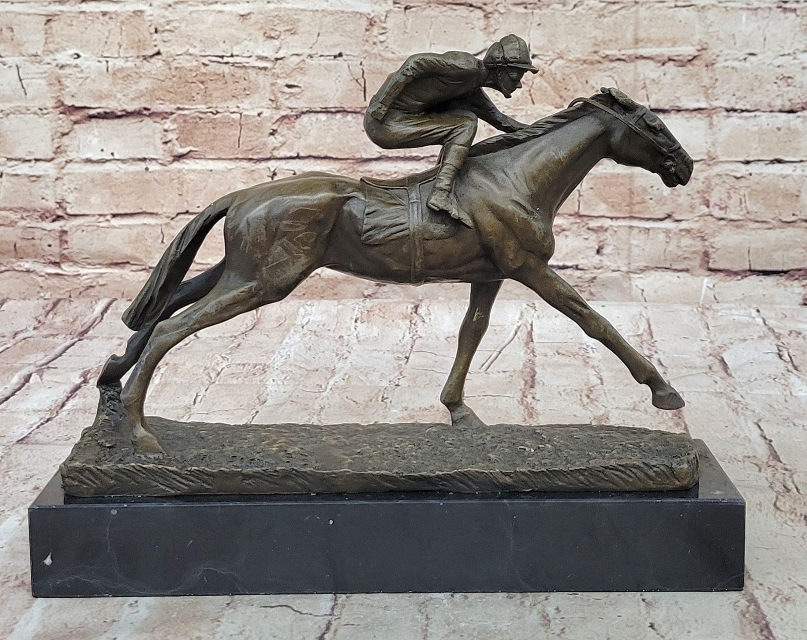 100% Bronze Sculpture Original  Signed Statue Of Jockey& Race Horse Office Trophy